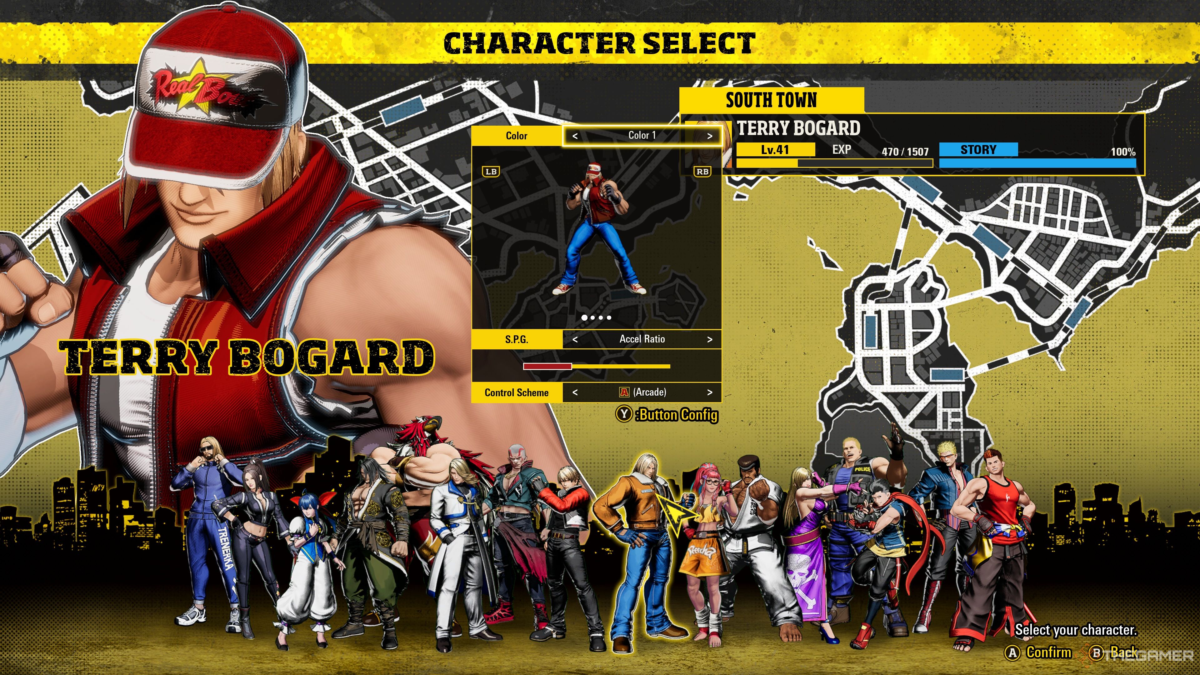 Selecting Terry Bogard for the Episodes of South Town mode in Fatal Fury: City of the Wolves.