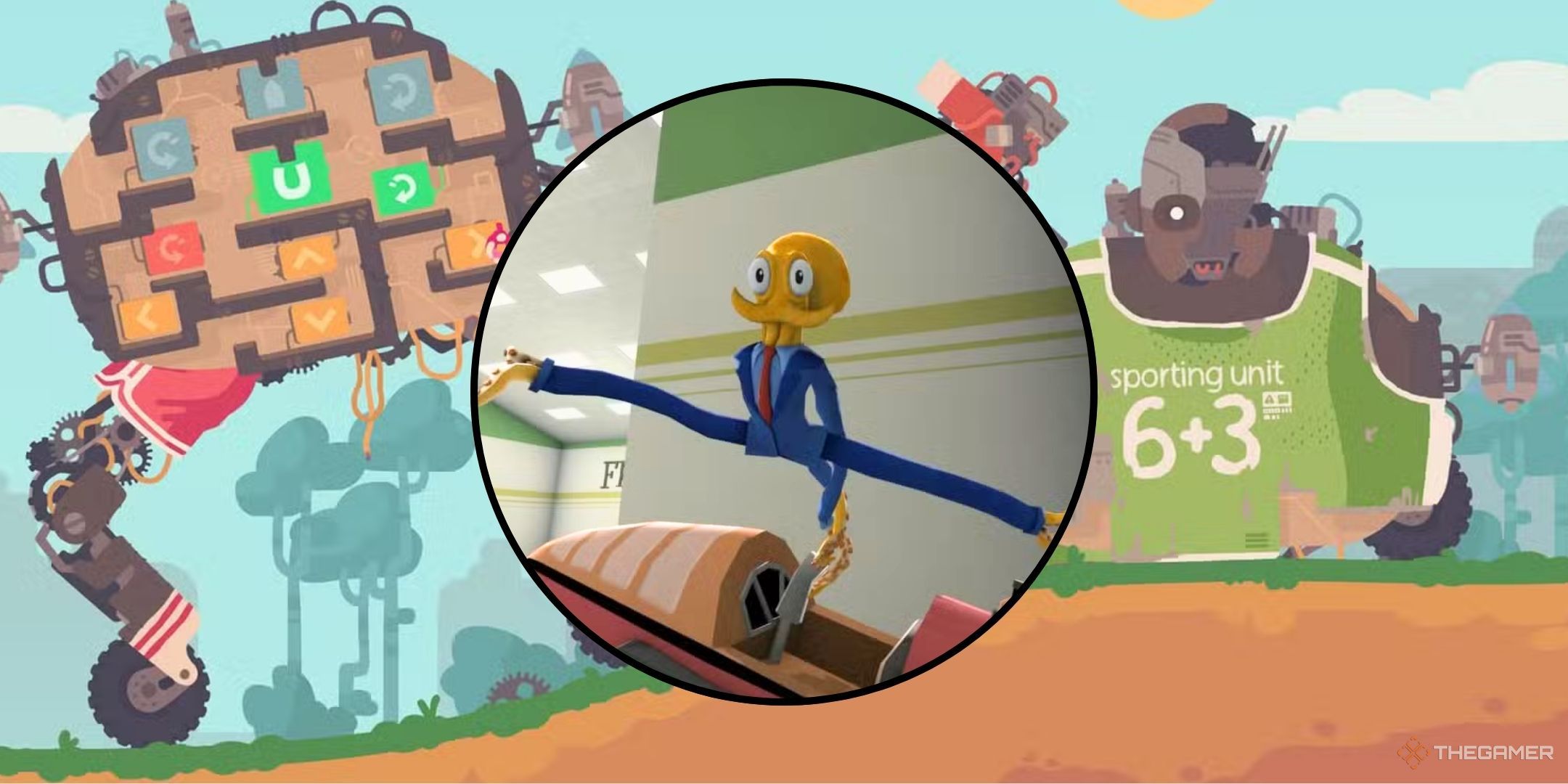 Featured Image containing image of Octodad in a crcle with an image from Regular Human Basketball in the background.