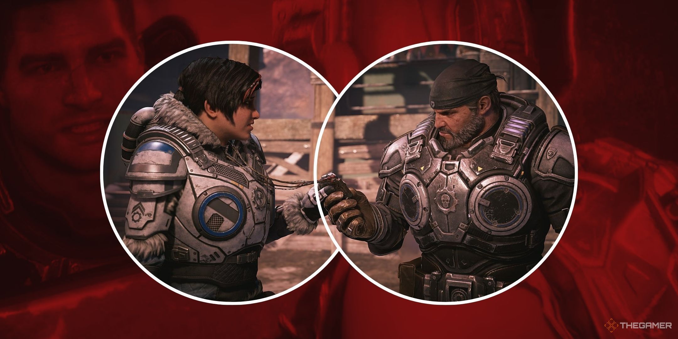Featured image of Kait and Marcus from Gears 5 in circles with an image of JD in the background.
