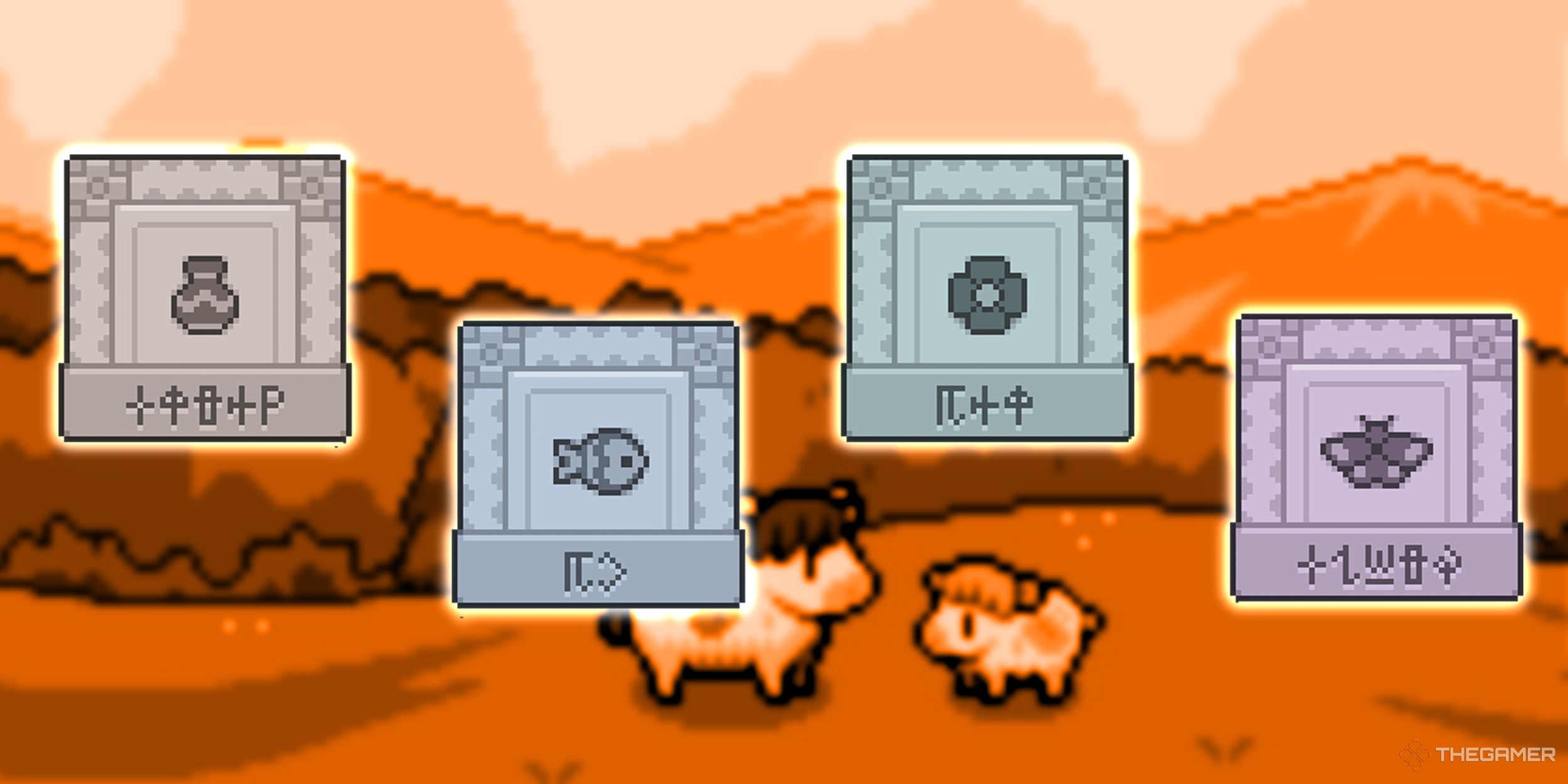 Collage of museum icons on an orange background with cows.