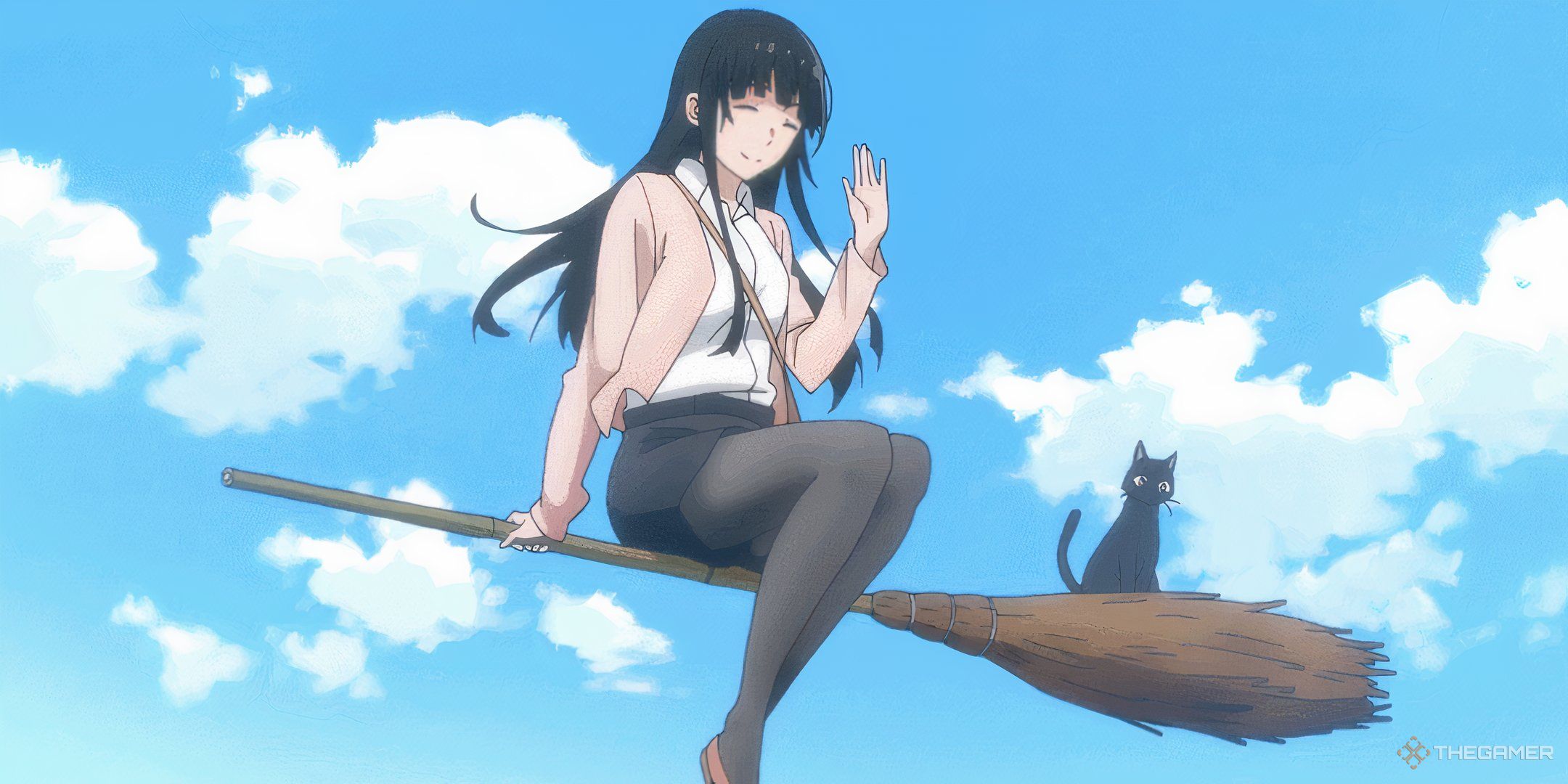 Makoto from Flying Witch sitting on a levitating broom with her cat.