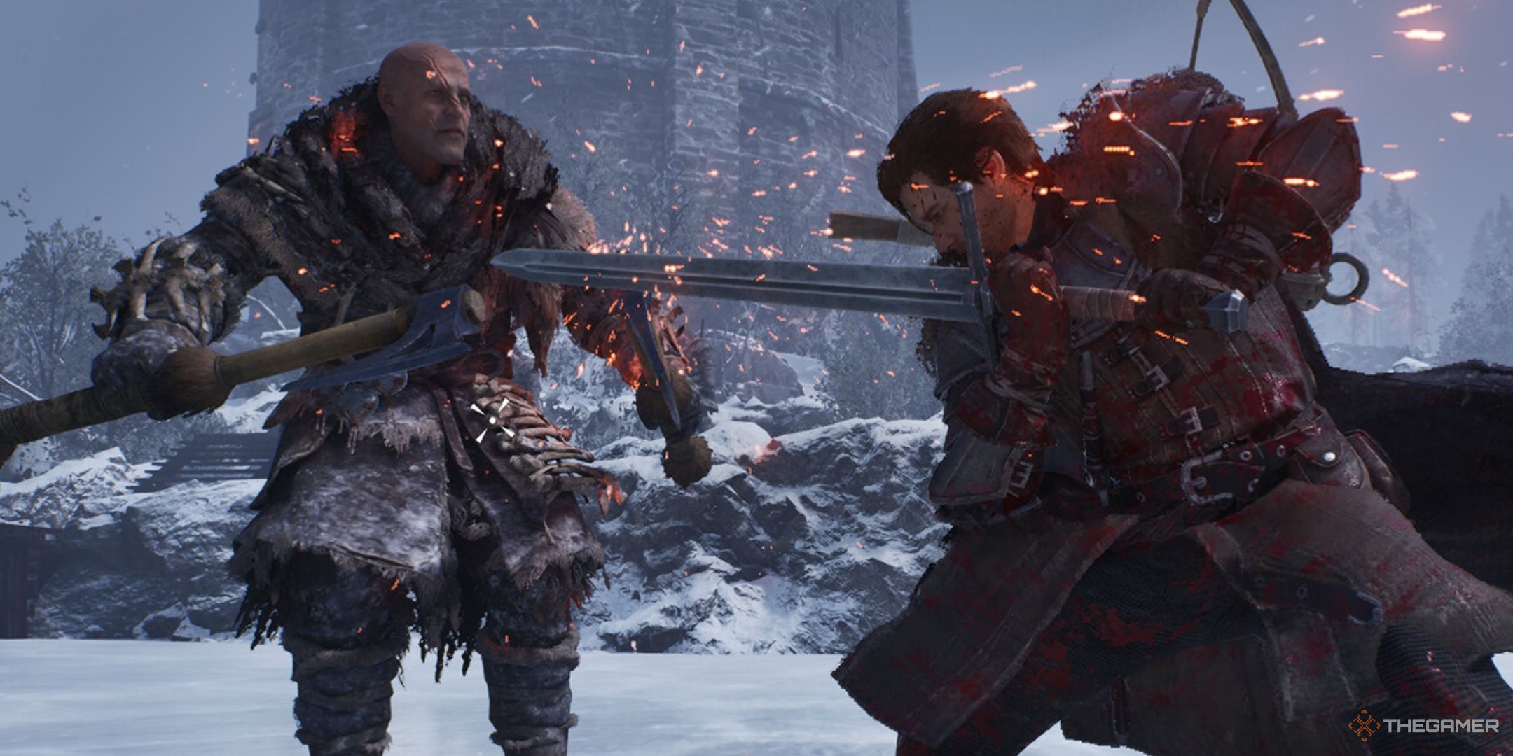 Game of Thrones: Kingsroad gameplay, showing a character fighting a giant in an snowy setting