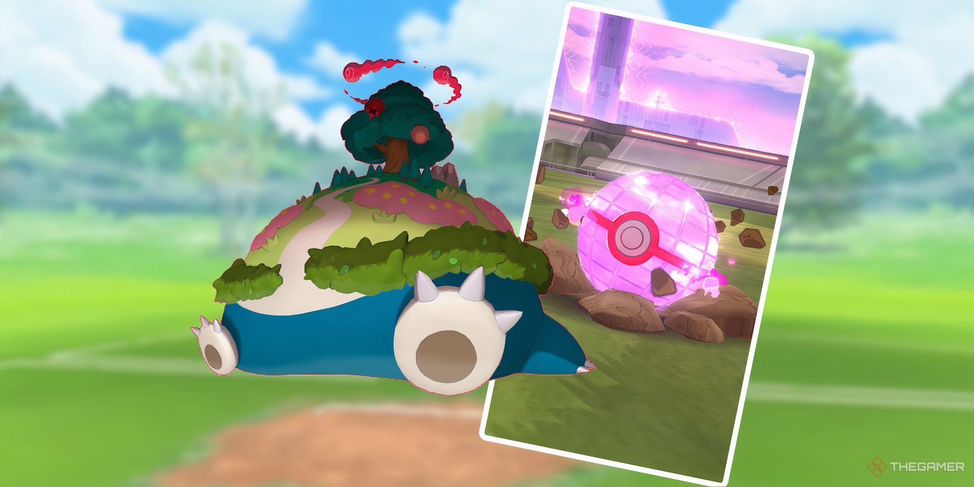 Gigantamax Snorlax next to a screenshot of a Premier Ball from Pokemon Go.