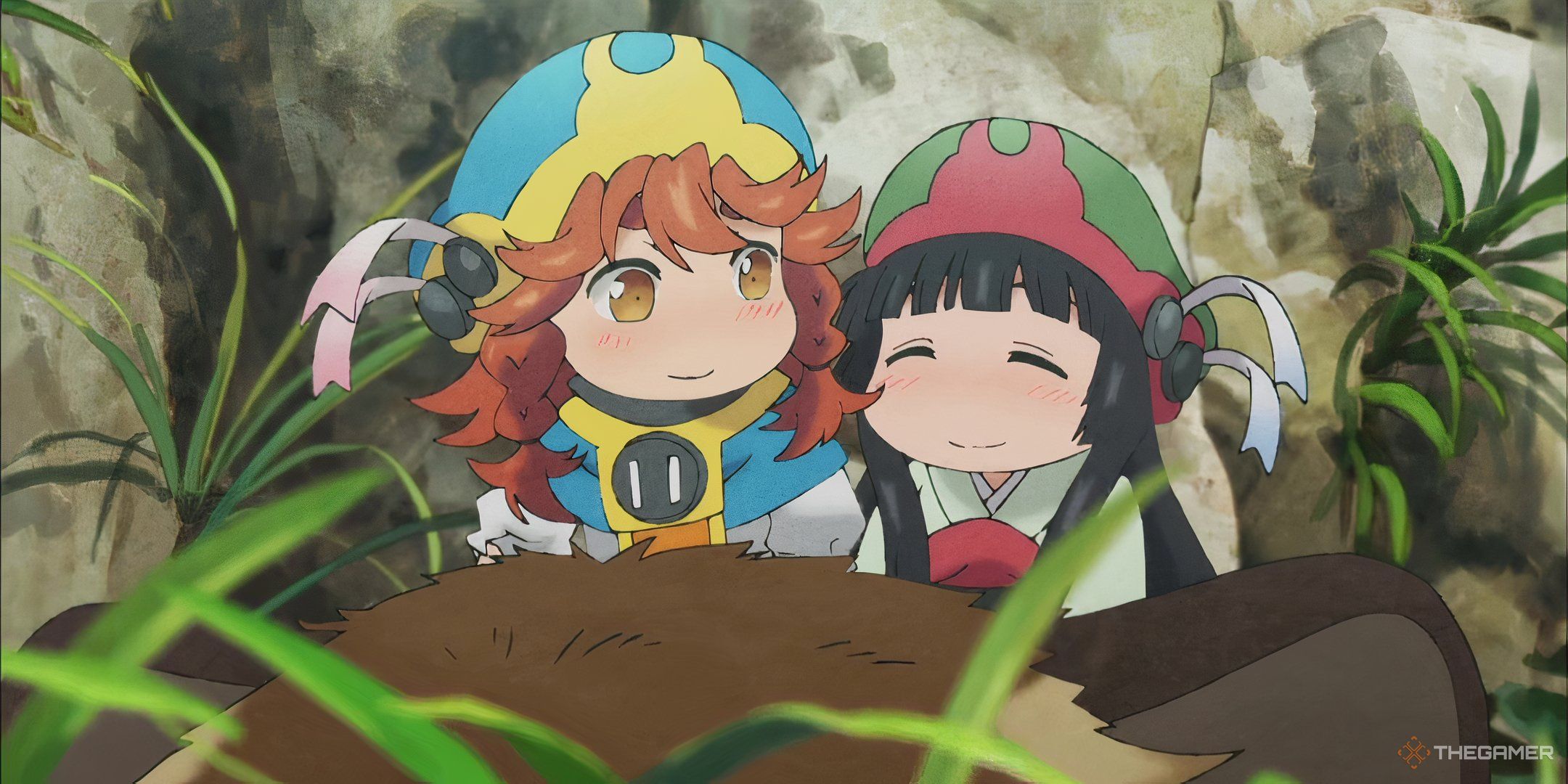 Hakumei and Mikochi riding a furry animal.