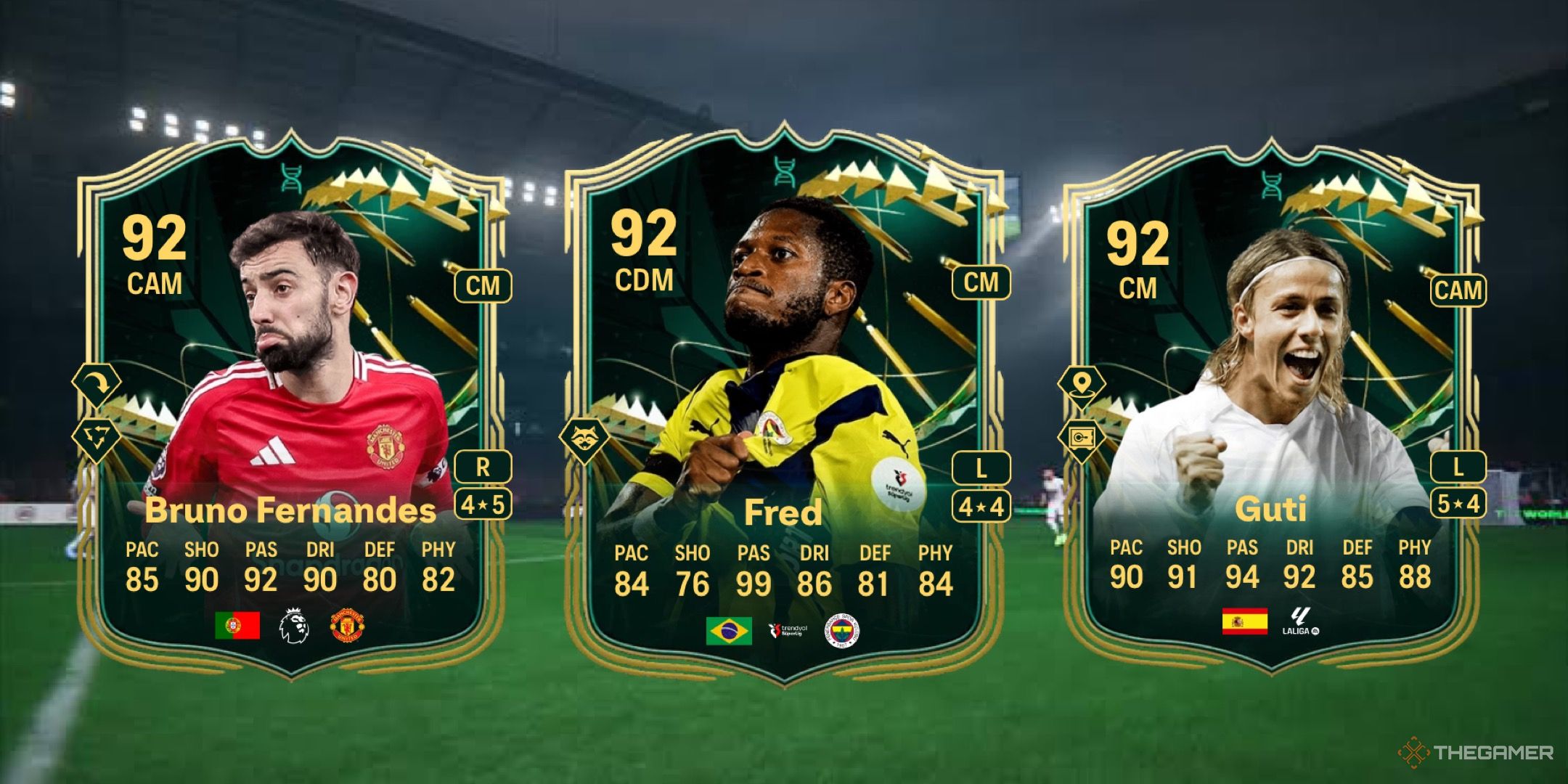 Image showing Fernandes, Fred, and Guti card against a faded pitch background.
