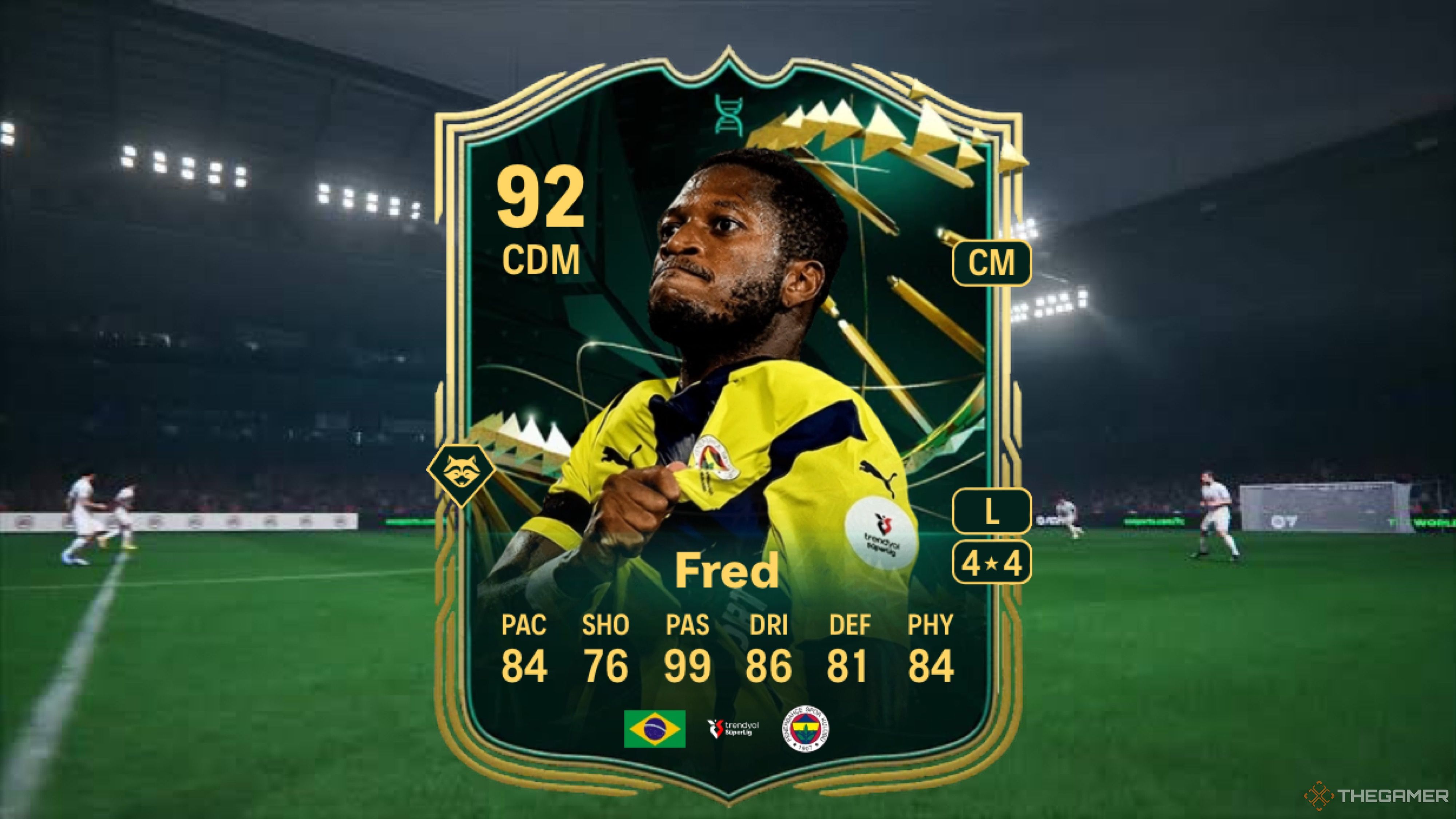 Image showing Fred card against a faded pitch background.