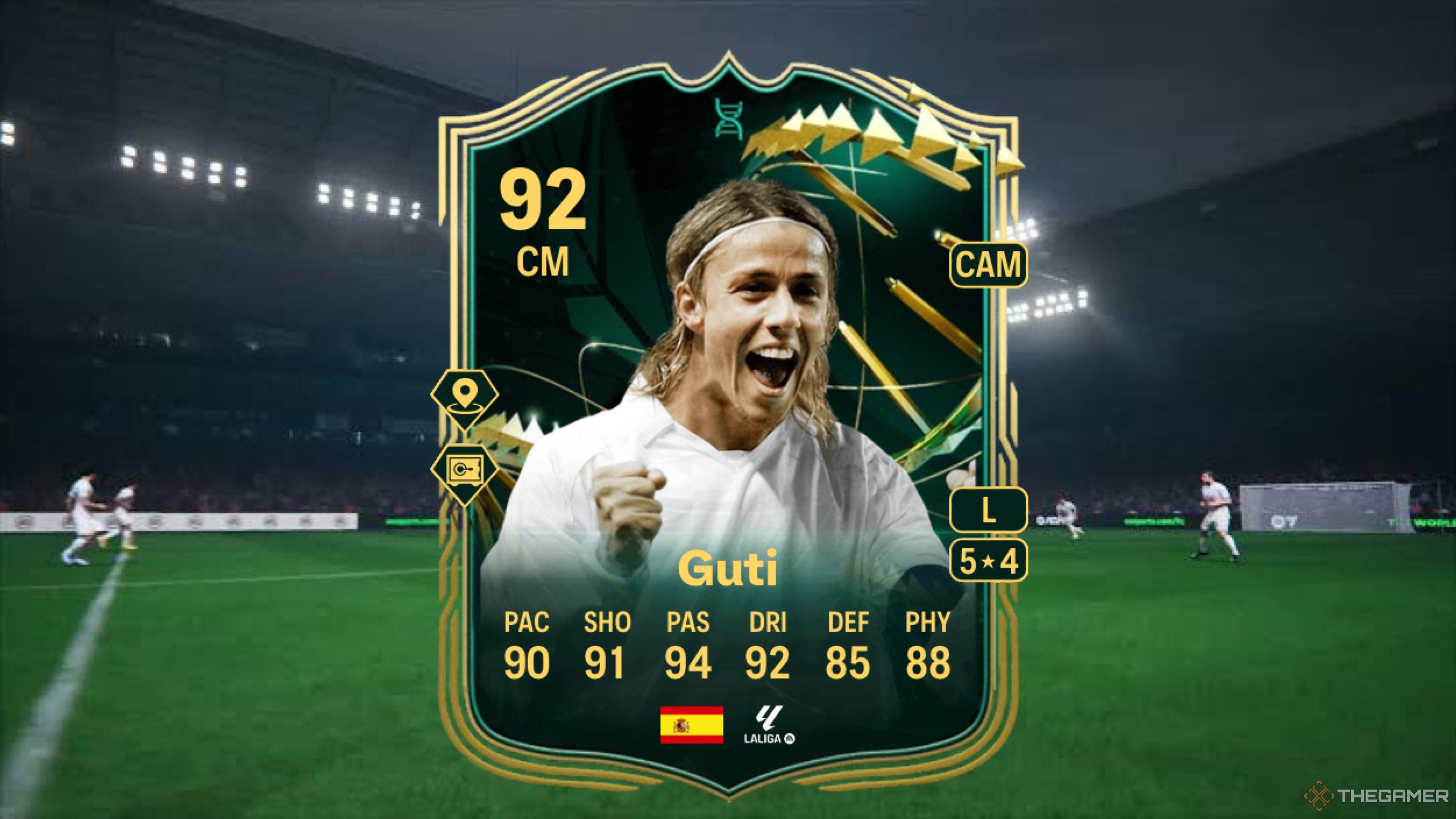 Image showing Guti card against a faded pitch background.