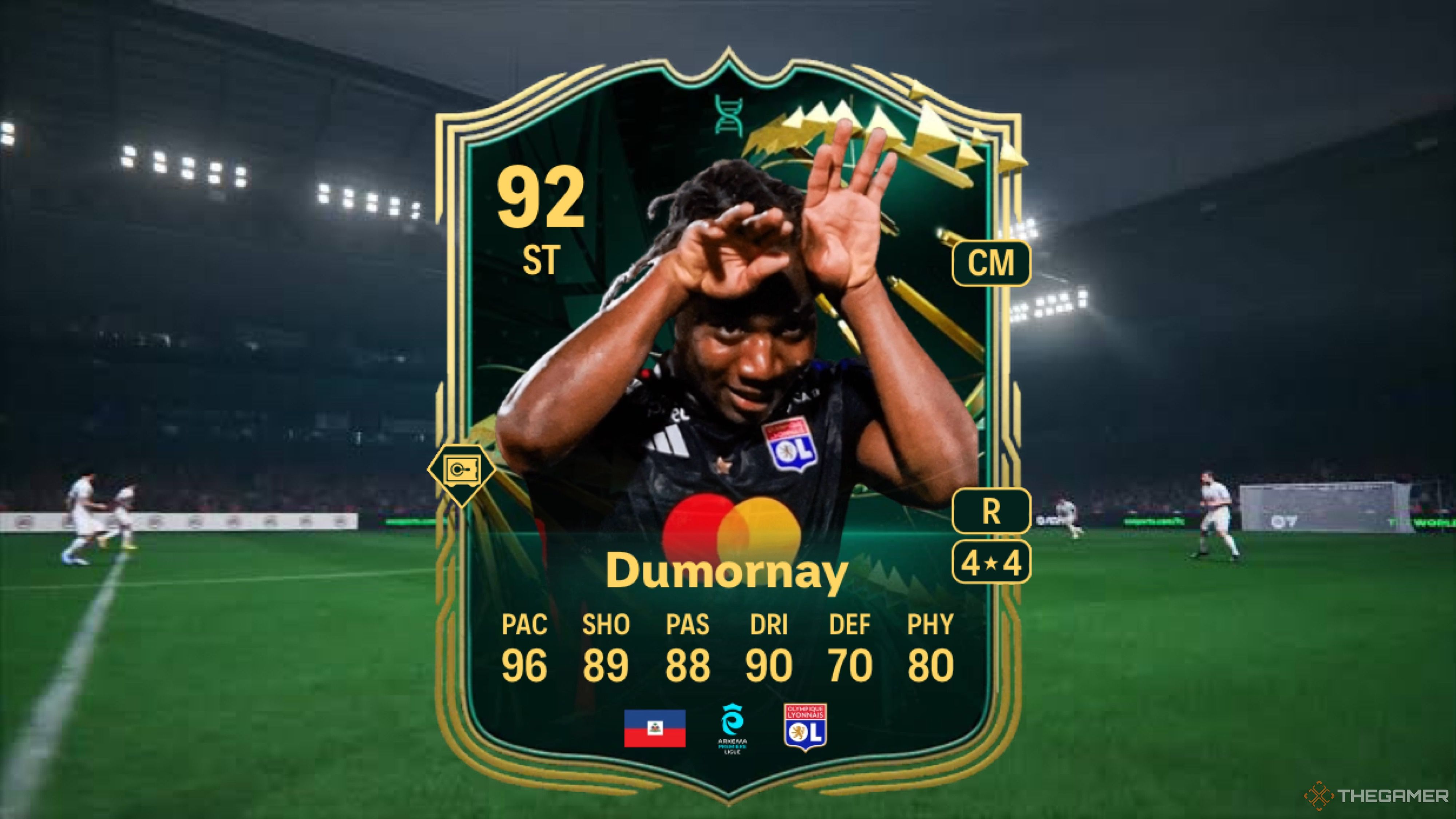 Image showing Dumornay card against a faded pitch background.