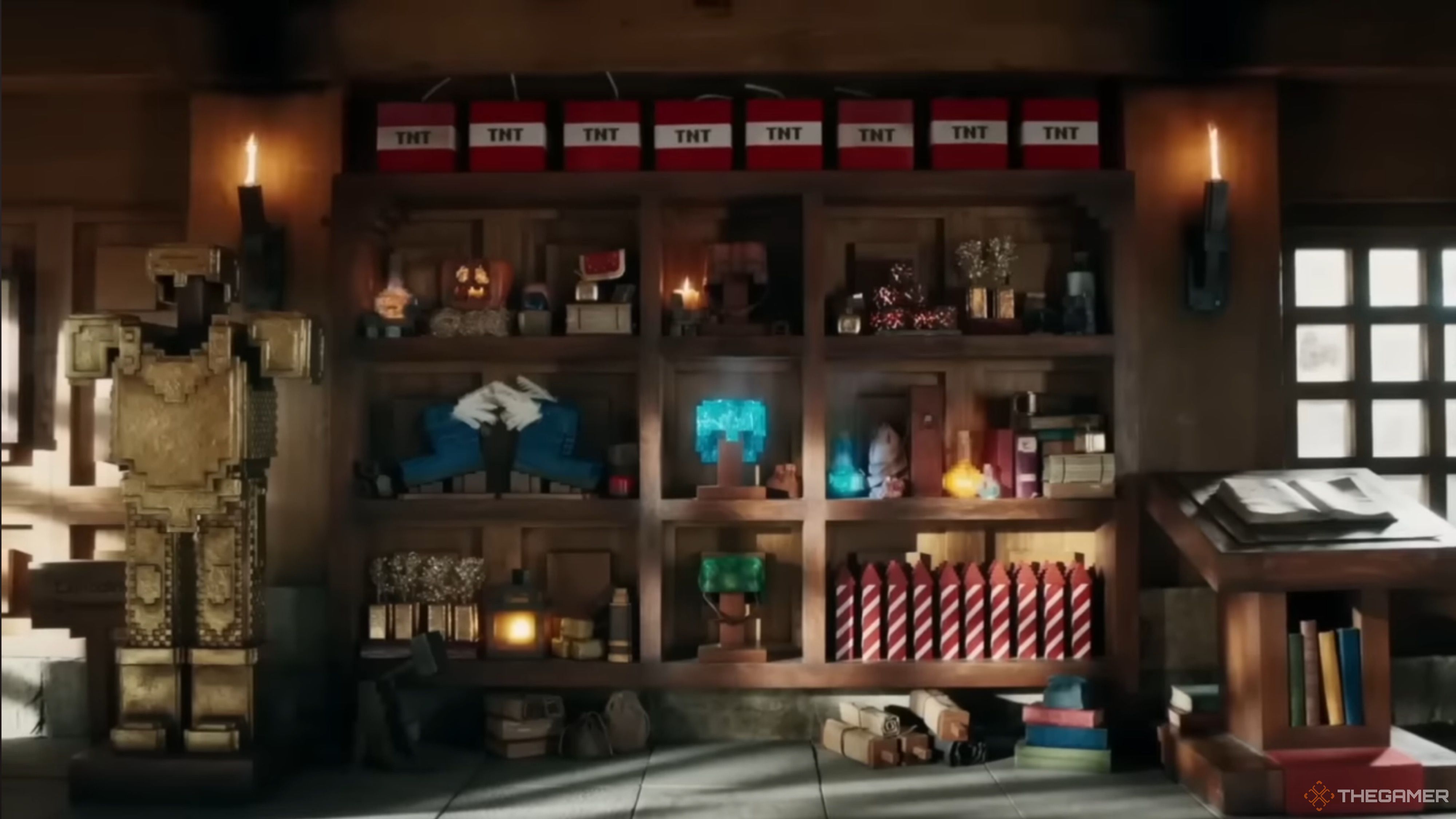 Image showing Steve’s weapons and a shield beside it.