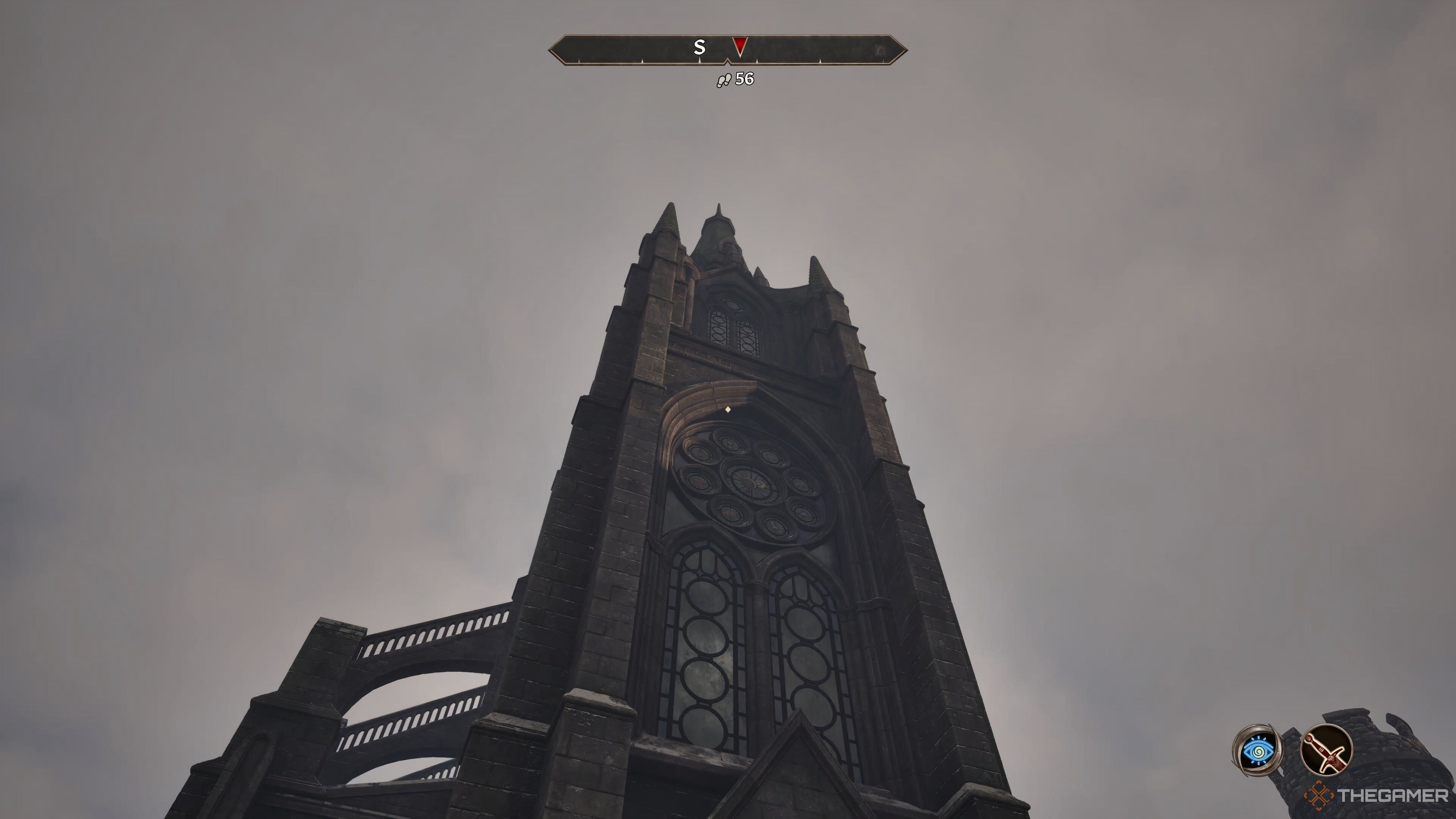 The camera is panned upward to admire a scenic chapel in Oblivion Remastered.