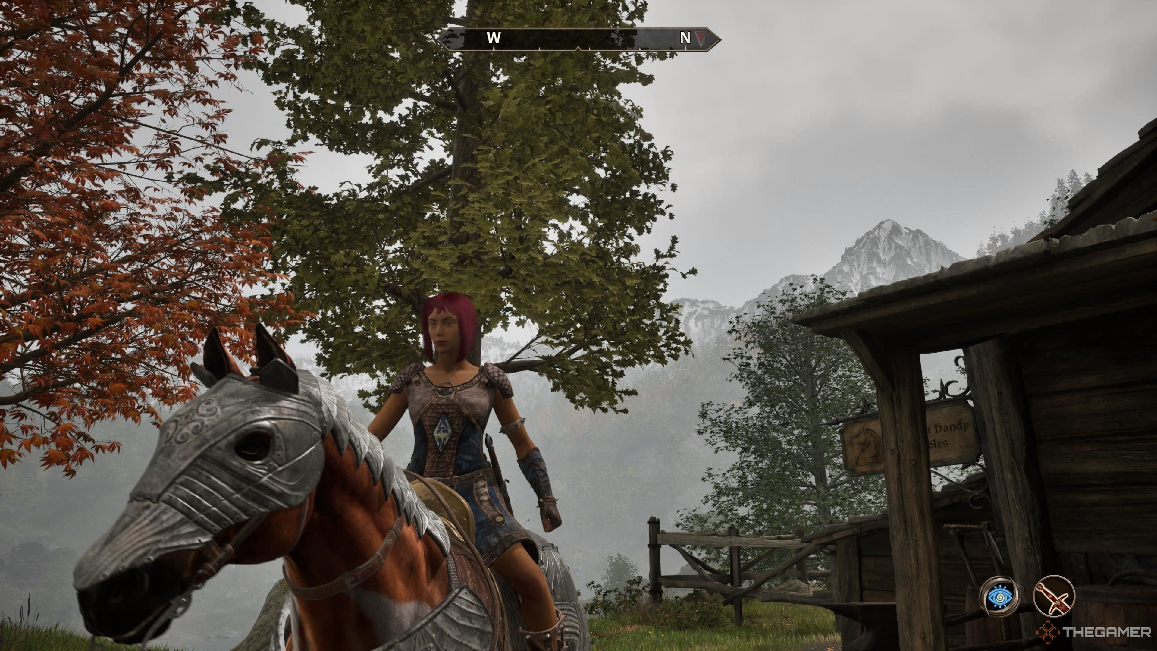 The player character rides away from the Chestnut Stables on the Old Nag horse in Oblivion Remastered.