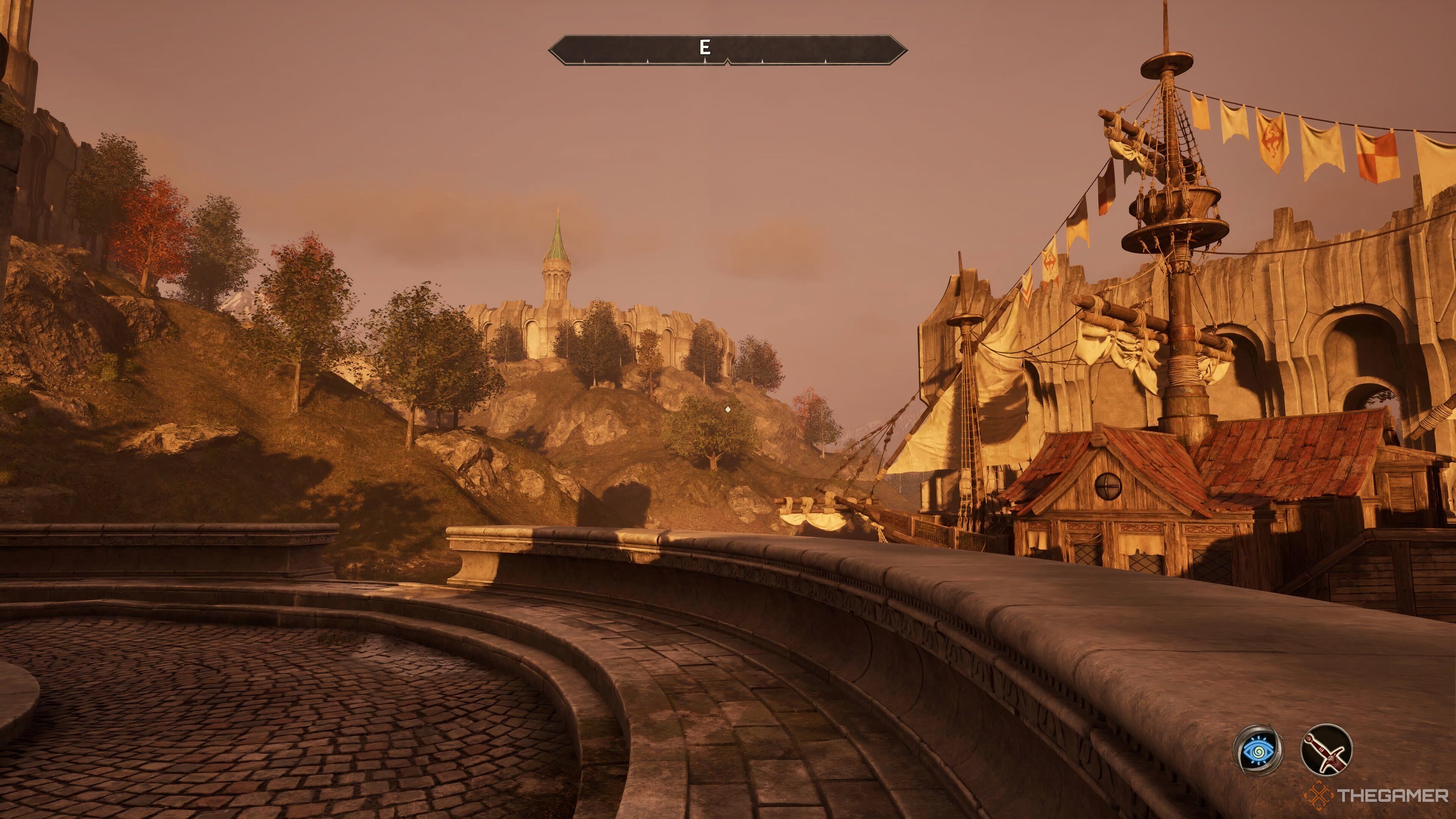 Sunset near the Imperial City Waterfront in Oblivion Remastered.