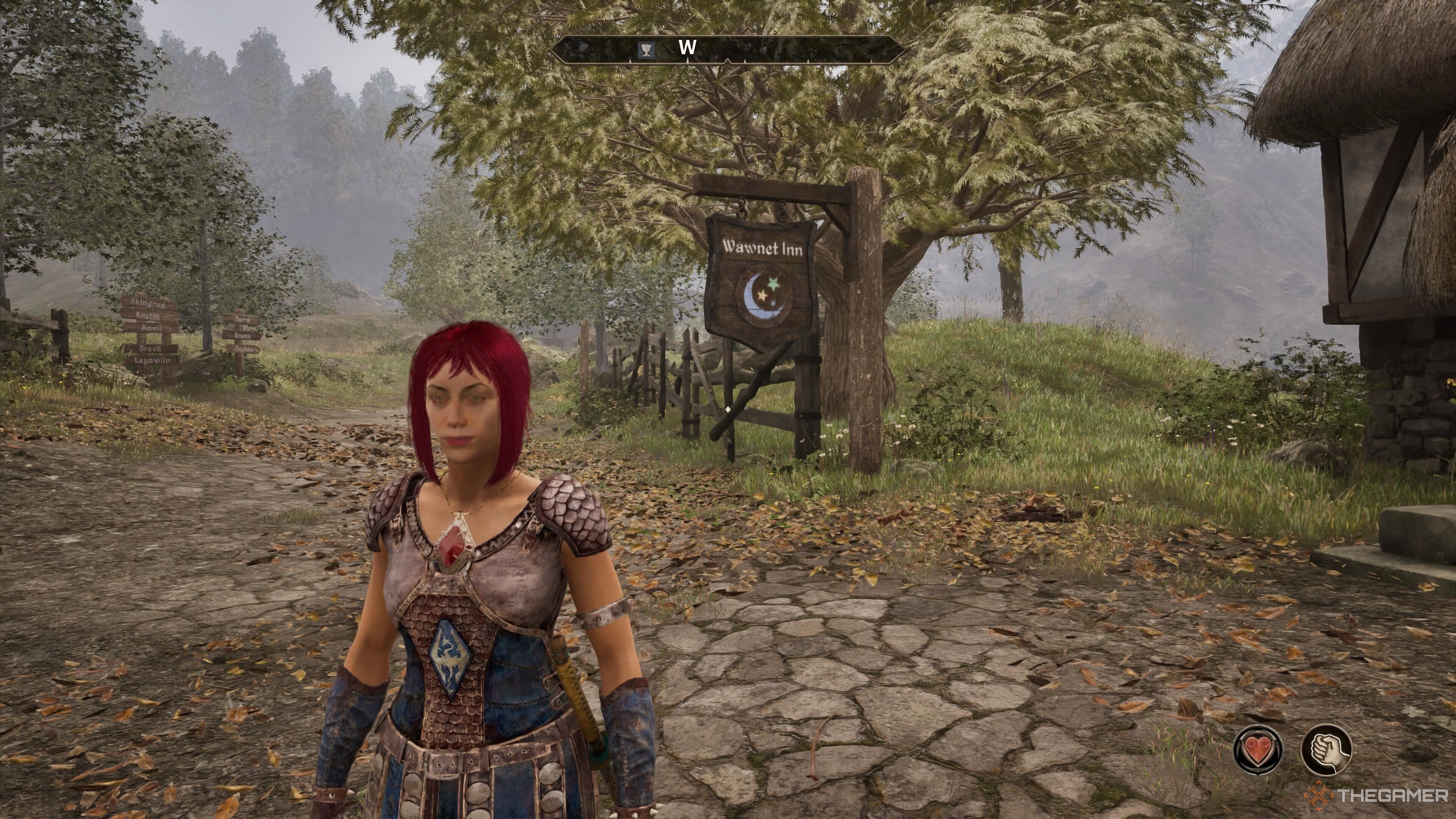 Standing outside an inn in Oblivion Remastered.