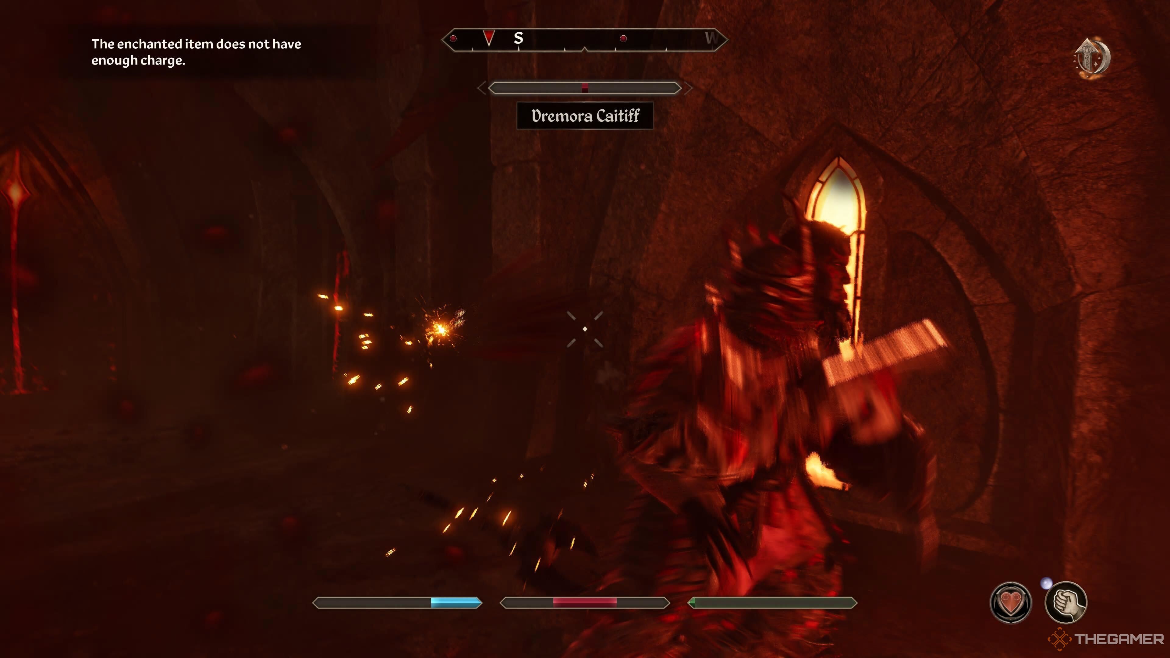 Battling a Dremora Cariff in Oblivion Remastered.