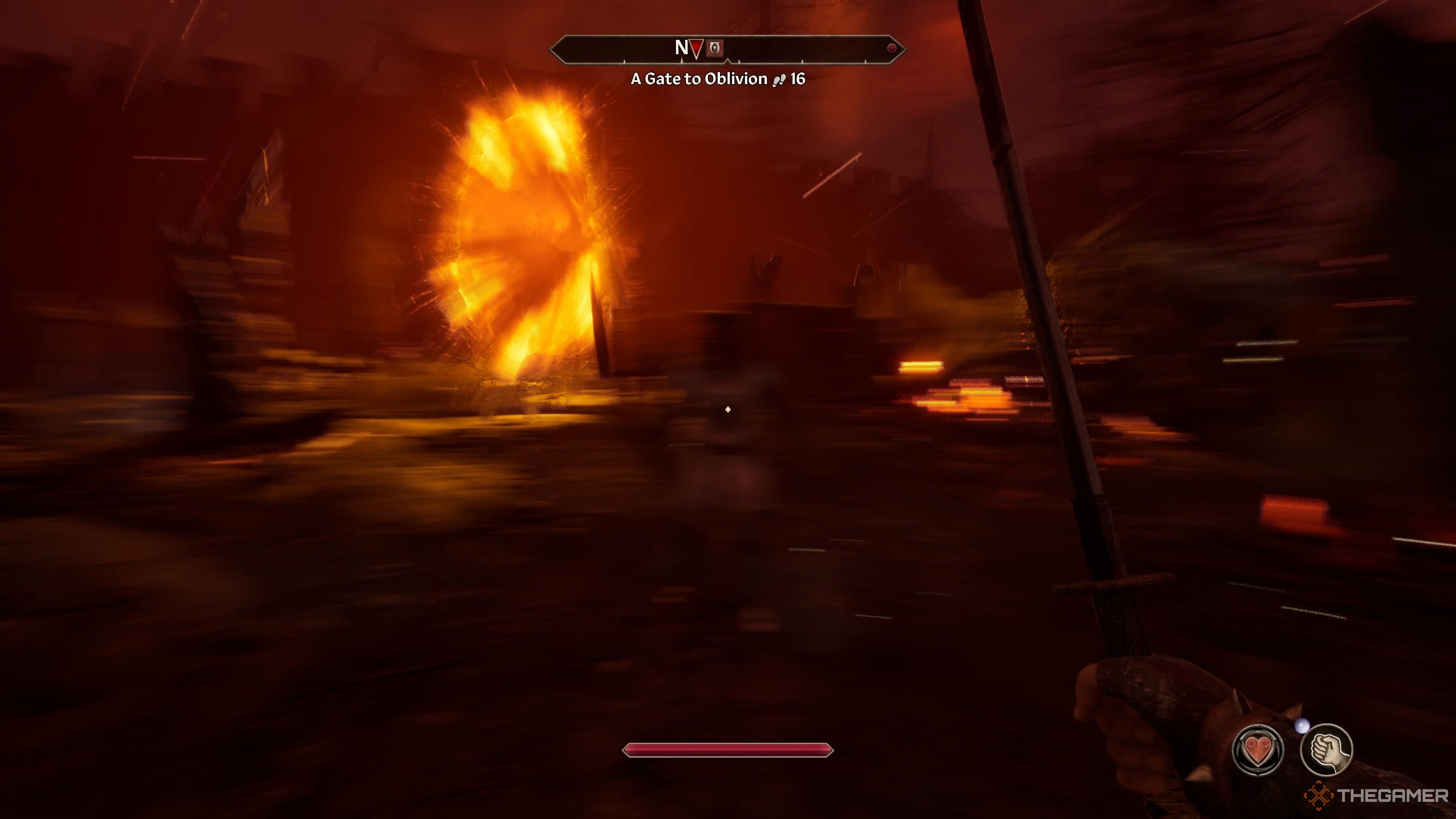 The protagonist nears an Oblivion Gate with the Akaviri Sunderblade drawn in Oblivion Remastered.