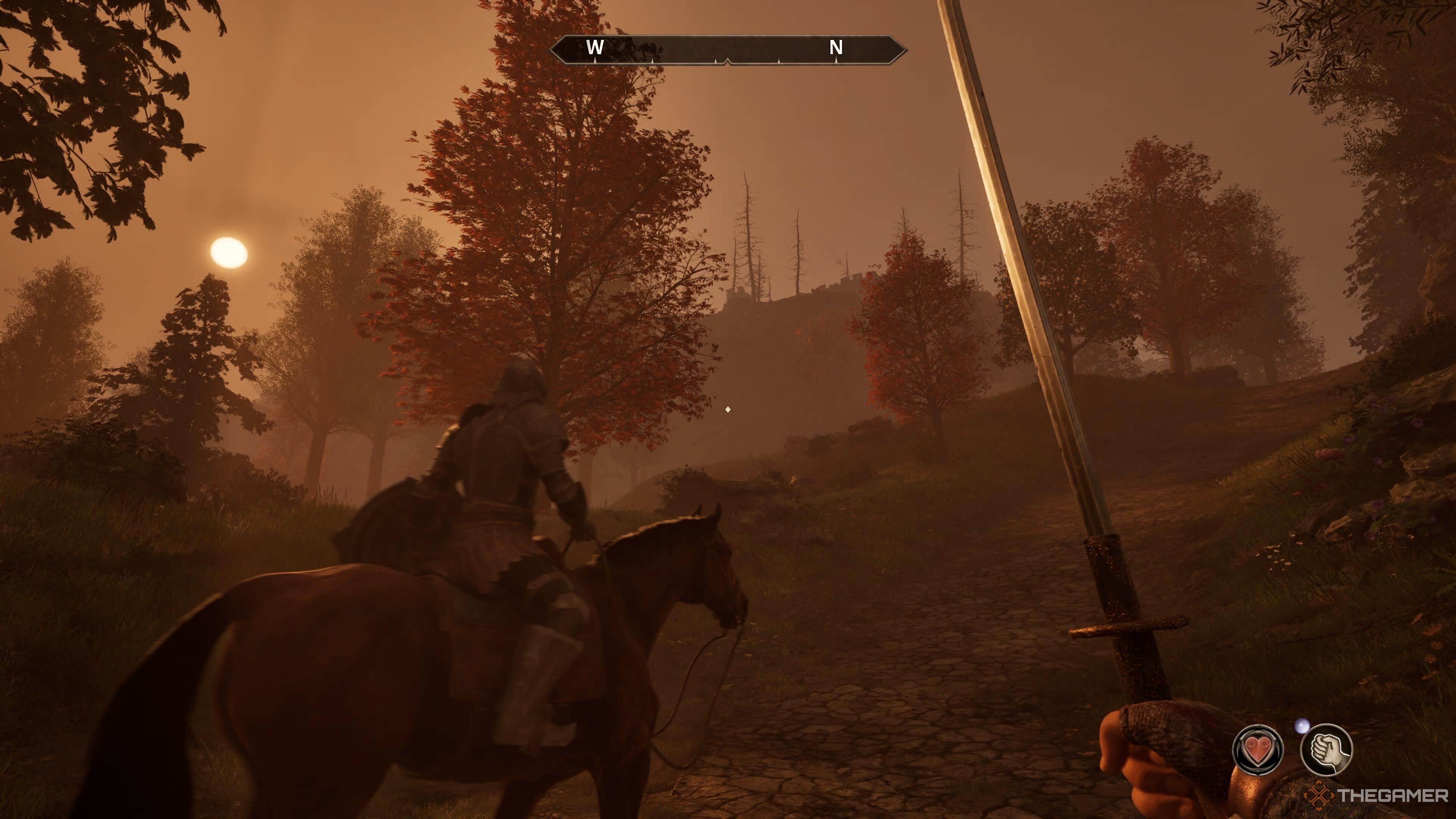 Wielding a katan near a guard on horseback in Oblivion Remastered.