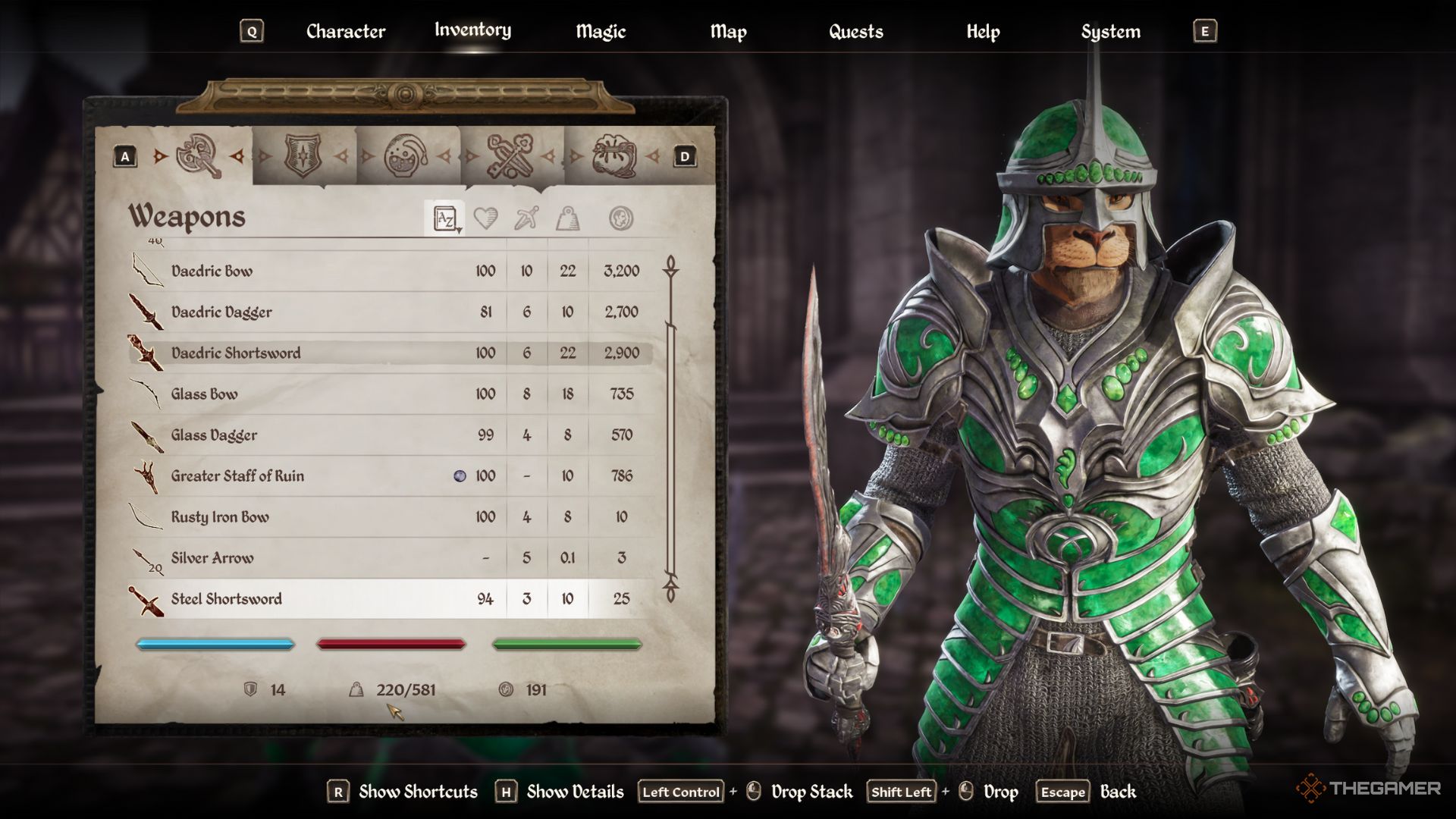 The player character shows his inventory with the number of items he can carry in Oblivion Remastered.