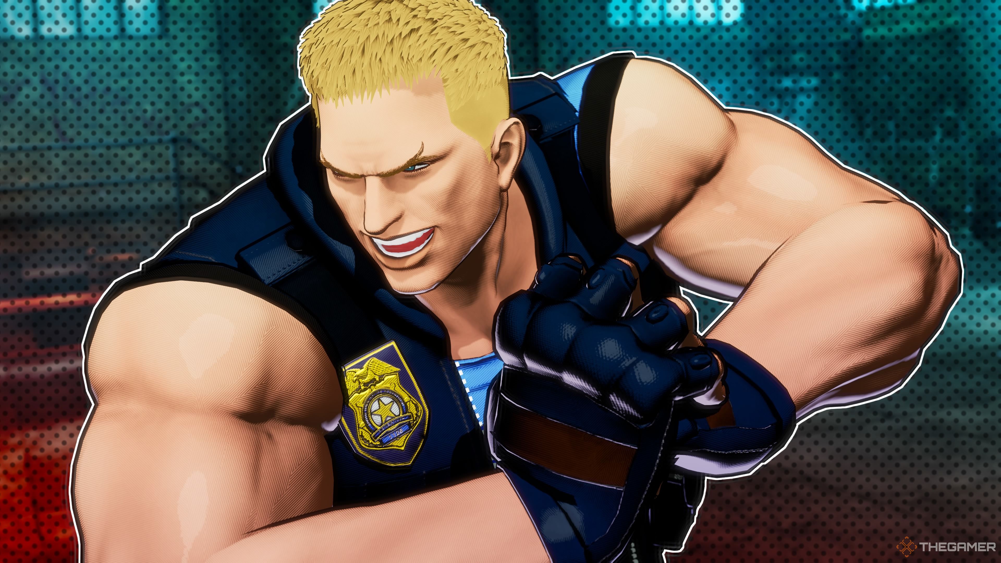 Kevin landing posing by cracking his knuckles in Fatal Fury City of the Wolves.