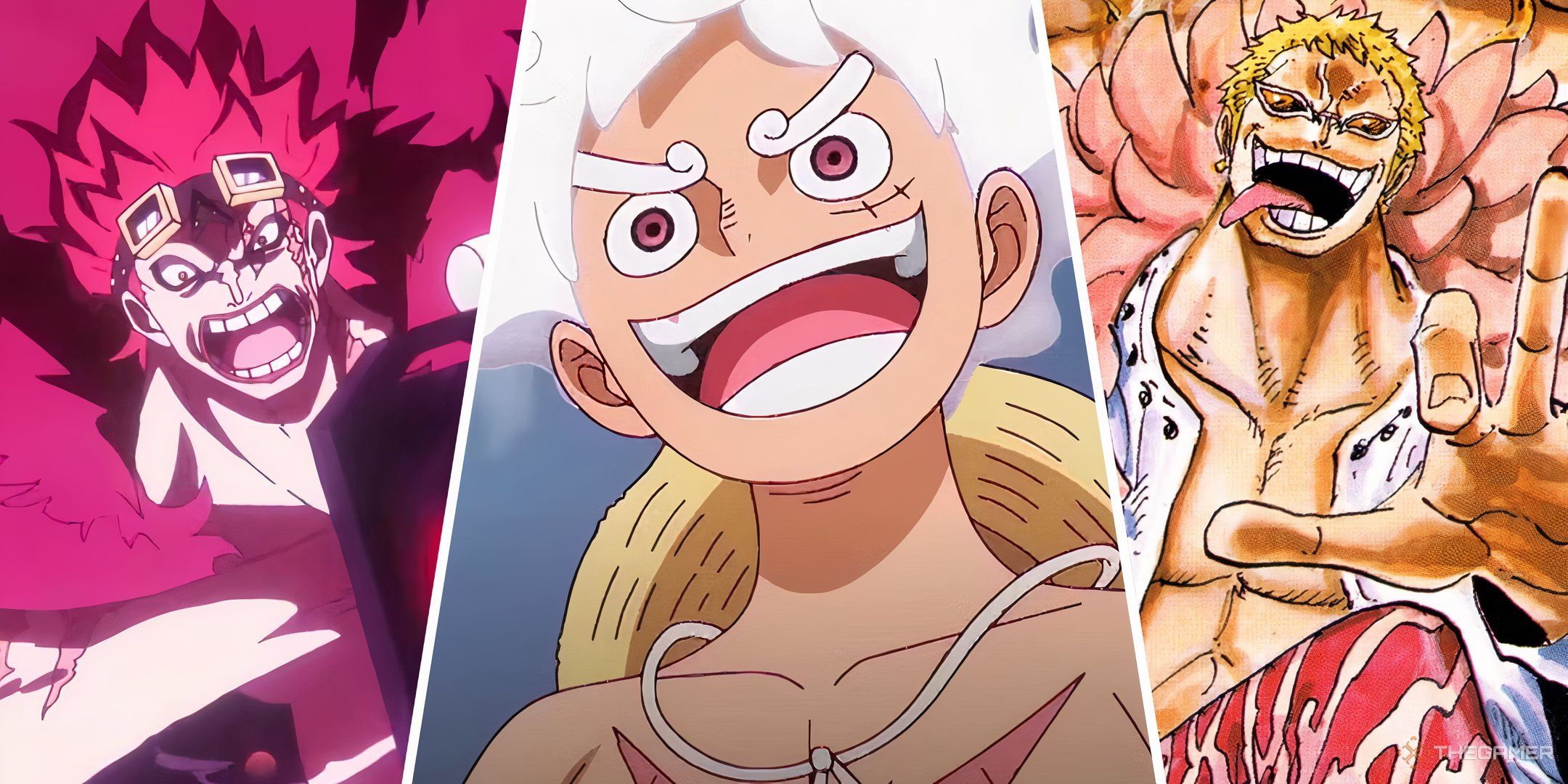 Kidd, Luffy, and Doflamingo in a One Piece split image about awakened Devil Fruit users.