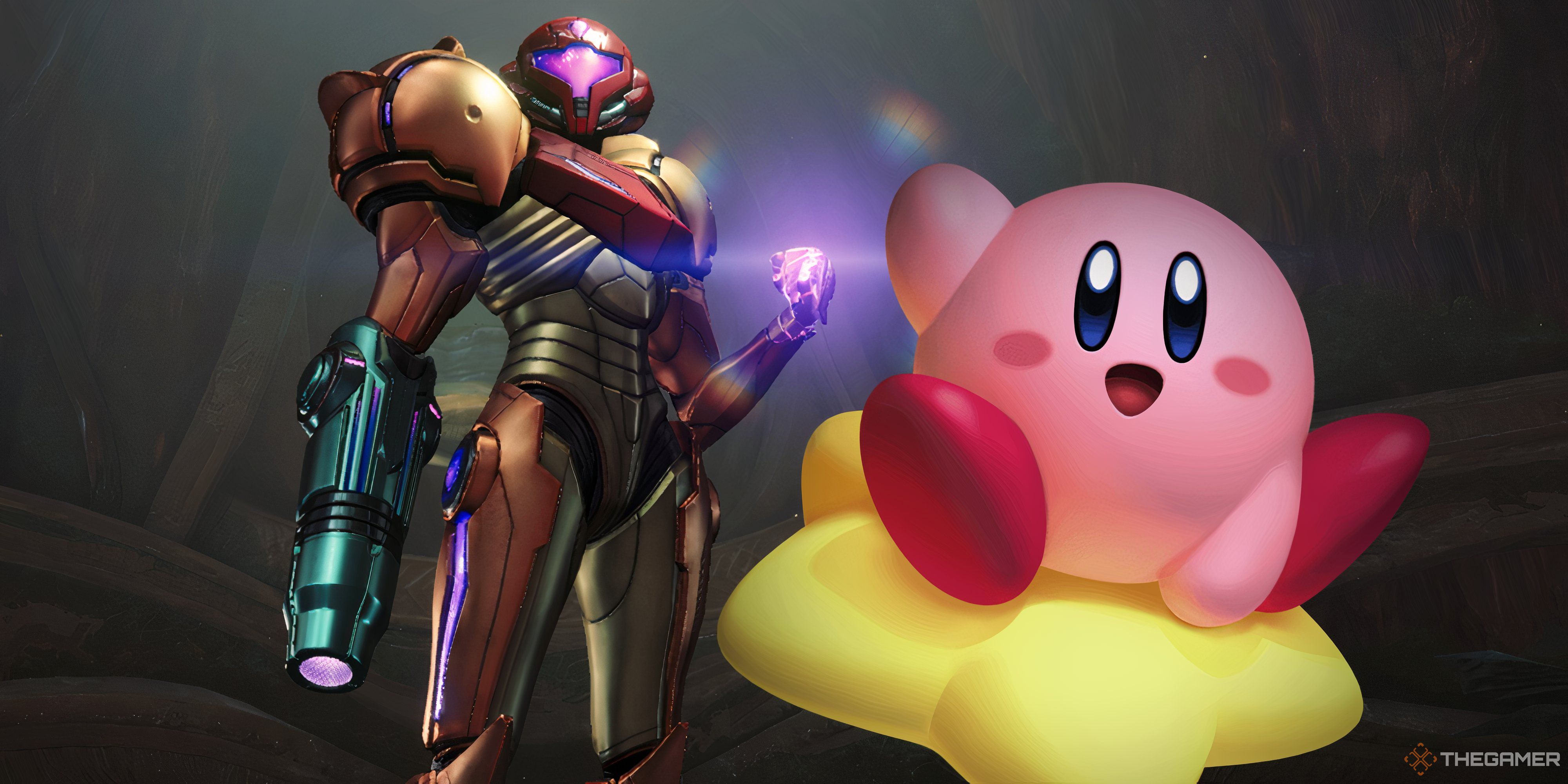 kirby riding a star next to samus.