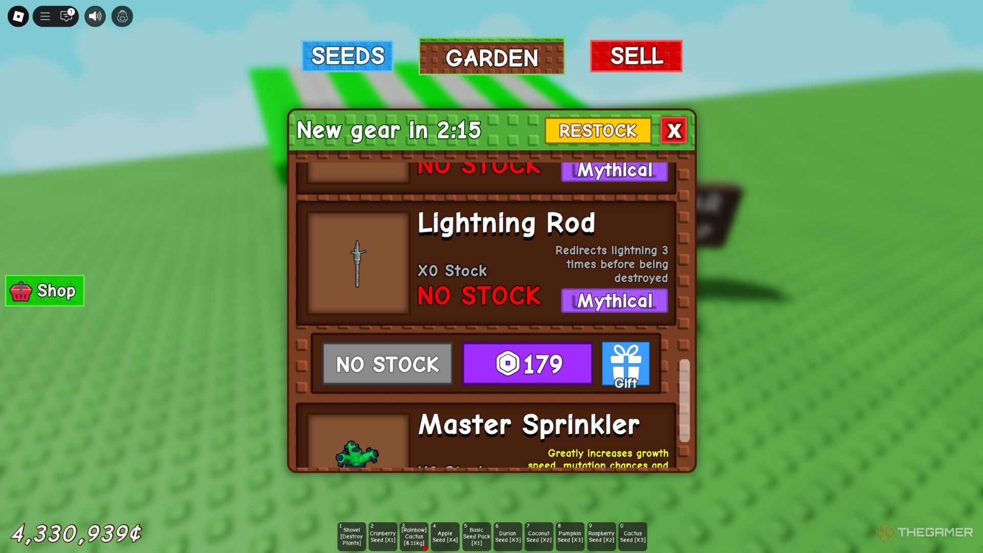 The player character shows the Lightning Rod in the Gear Shop in Grow A Garden.