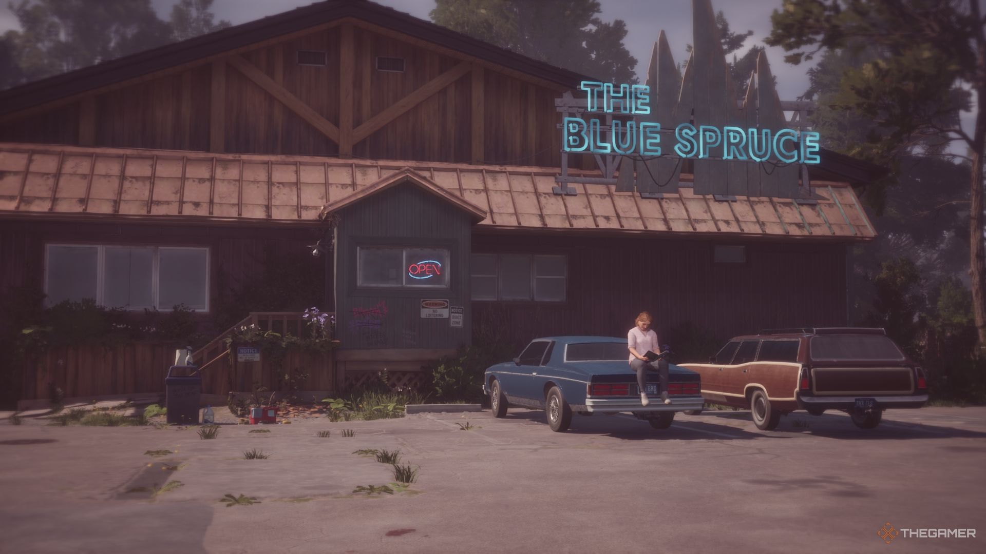 Pam sitting on the hood of a car outside the Blue Spruce bar.
