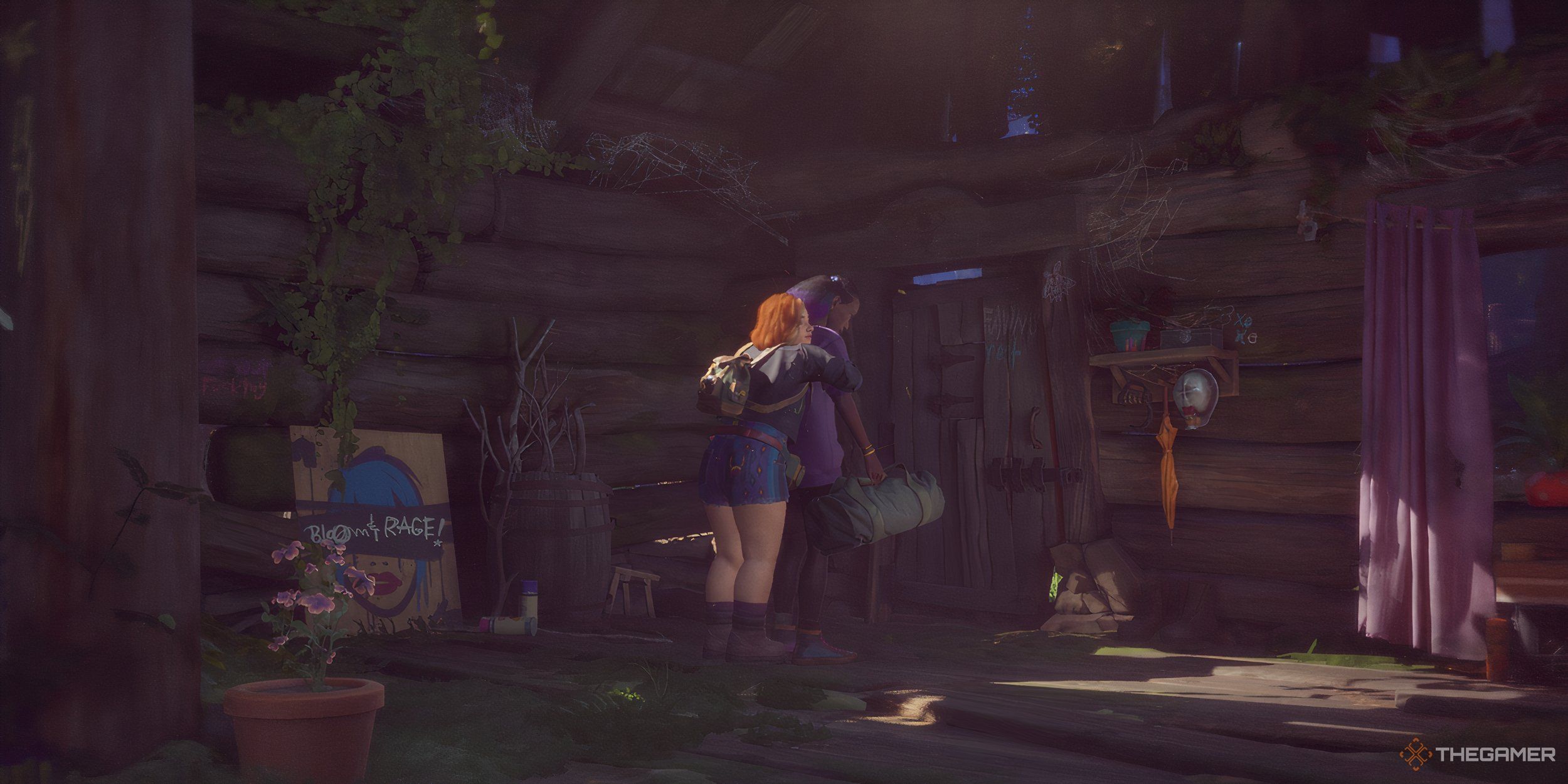 Swann hugging Autumn in the cabin.