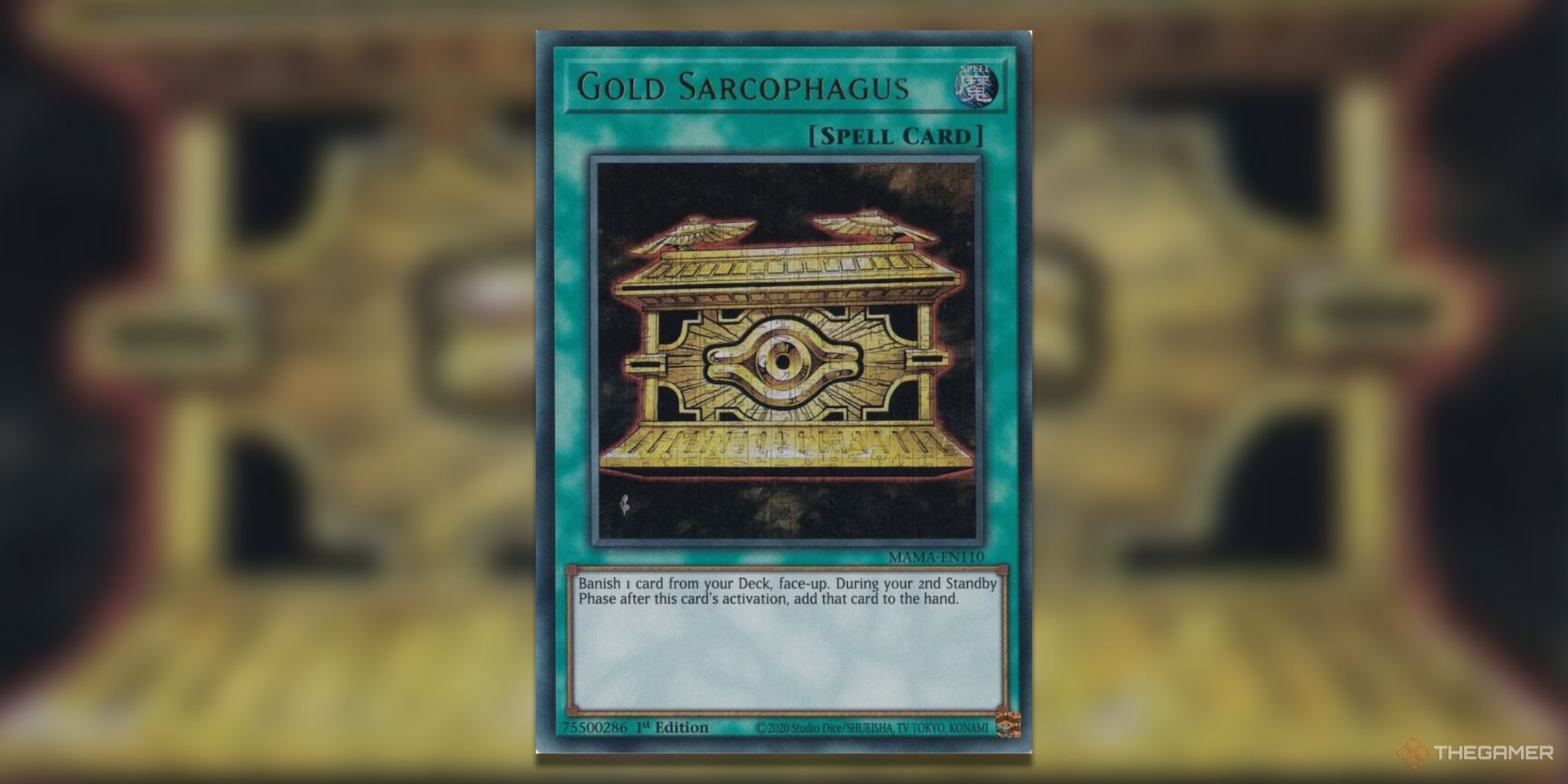 Magnificent Mavens Pharoah's Rare Gold Sarcophagus Yu-Gi-Oh! TCG card art.