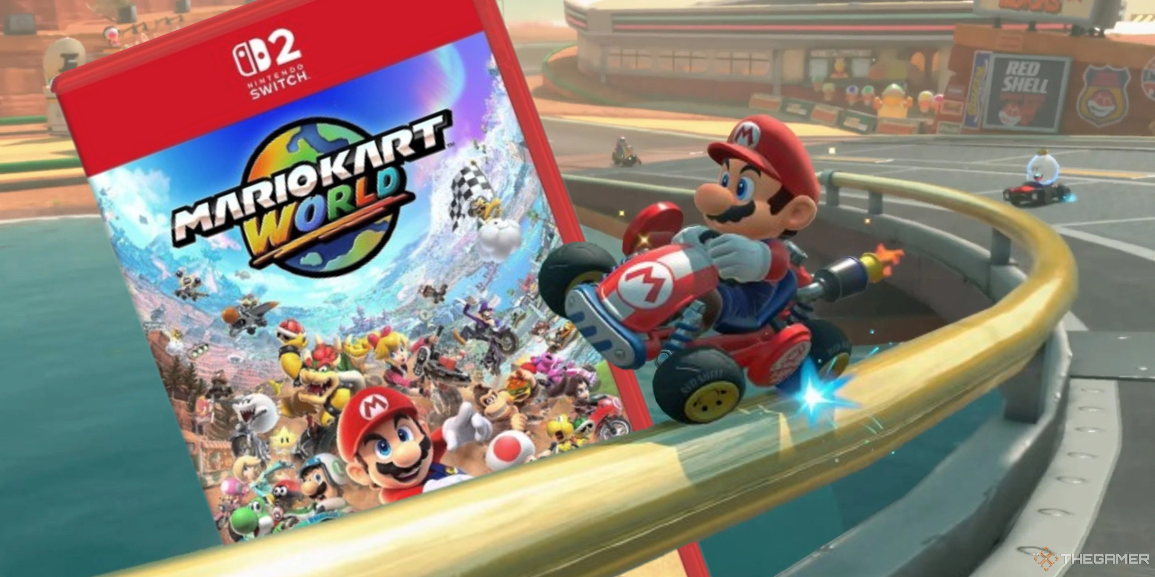 mario grinding past a switch 2 copy of mario kart world in mario kart world.