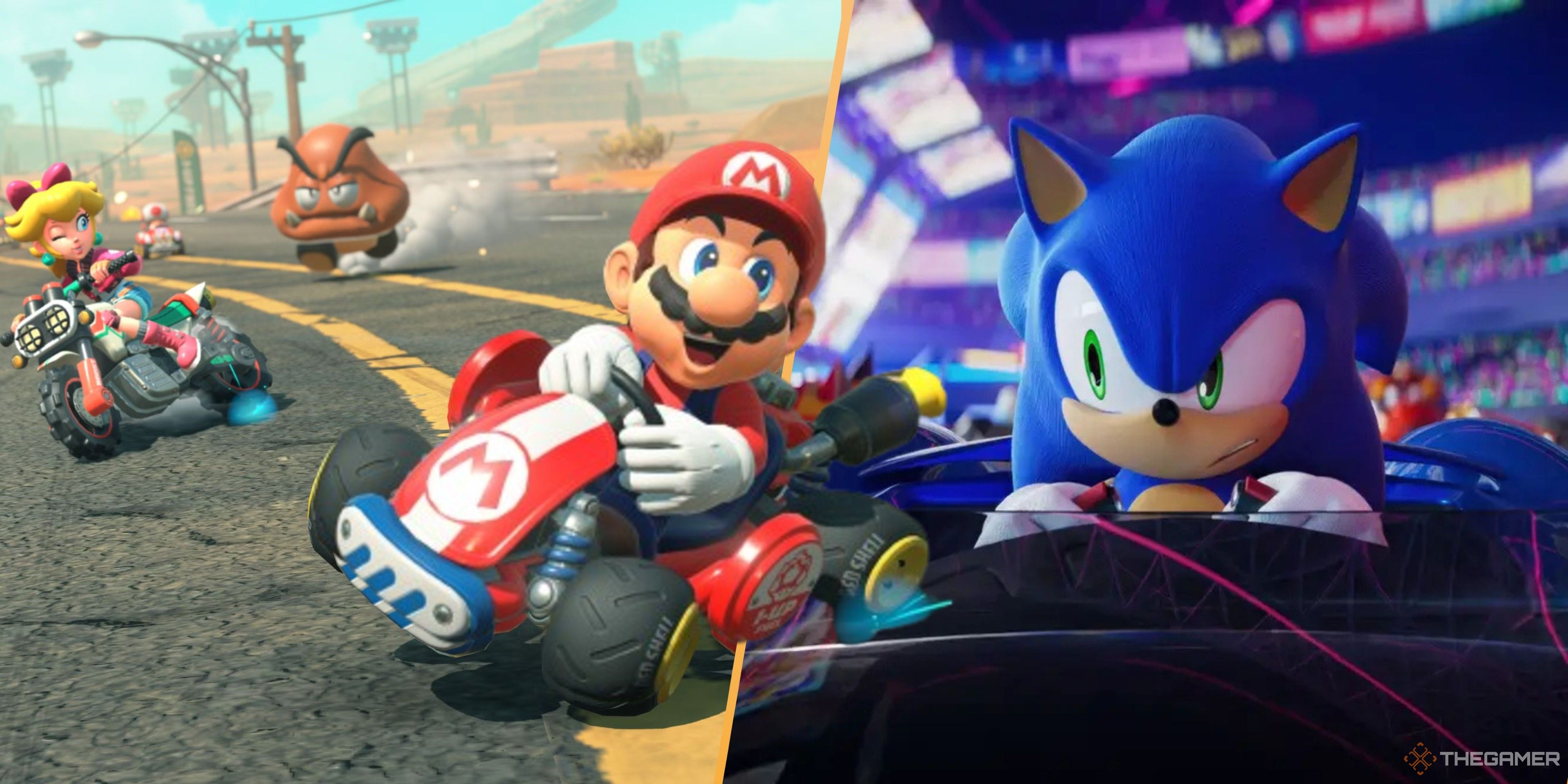 mario skidding out of mario kart world and into sonic racing crossworlds.