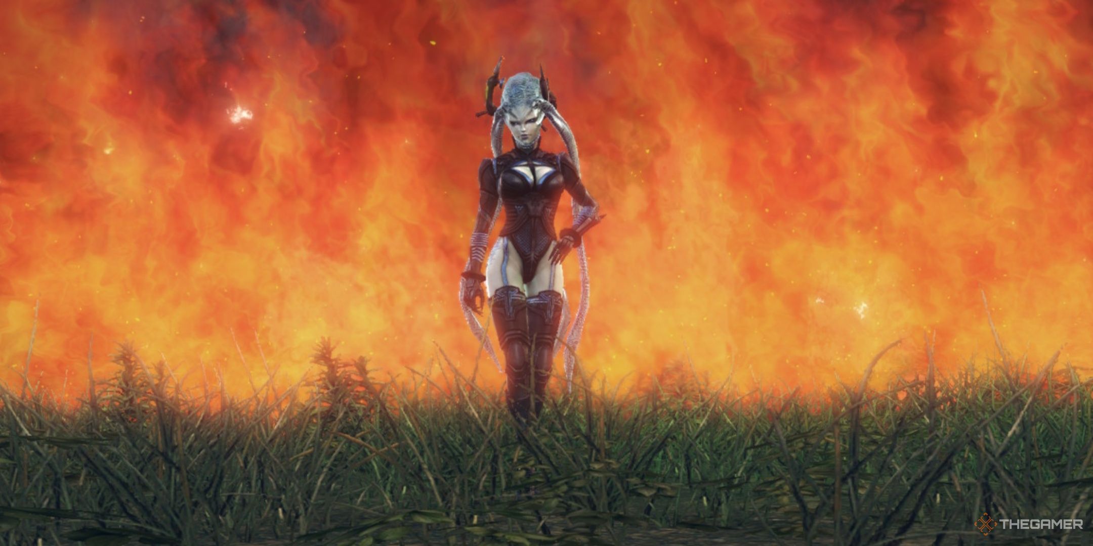 Goetia walking from flames in xenoblade chronicles x definitive edition.