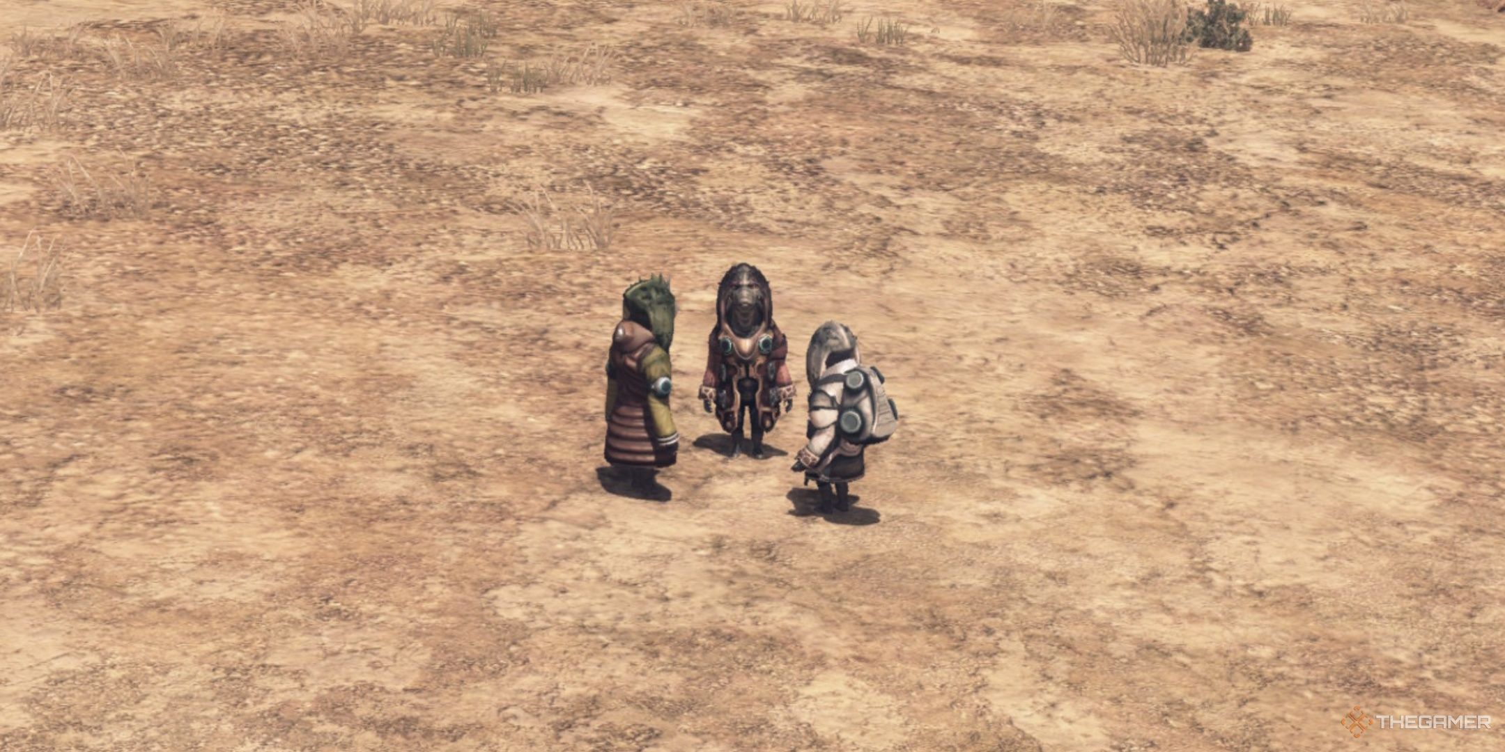 A group of ma-non talking in the desert of oblivia in xenoblade chronicles x definitive edition.