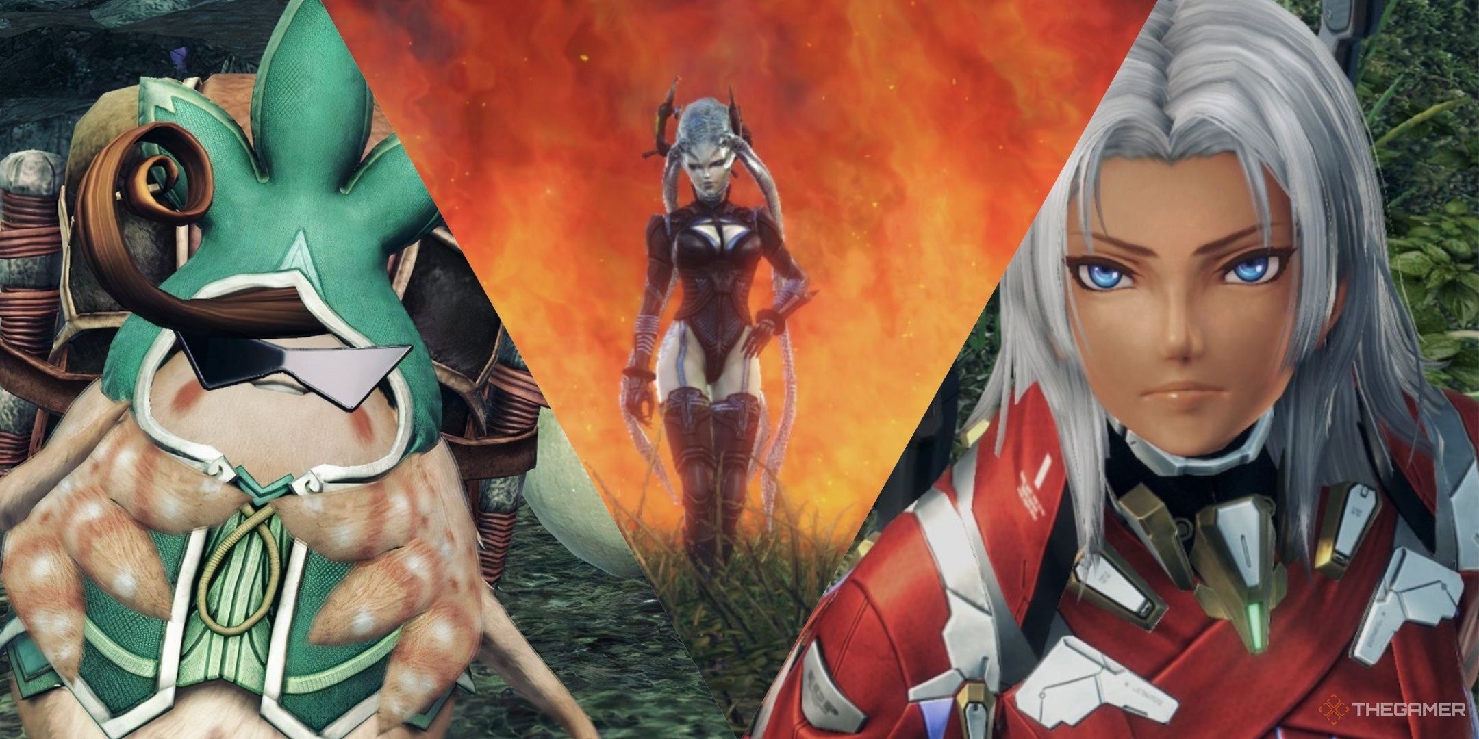 Tatsu wearing sunglasses, goetia walking from fire, and Elma looking forward in xenoblade chronicles x definitive edition.