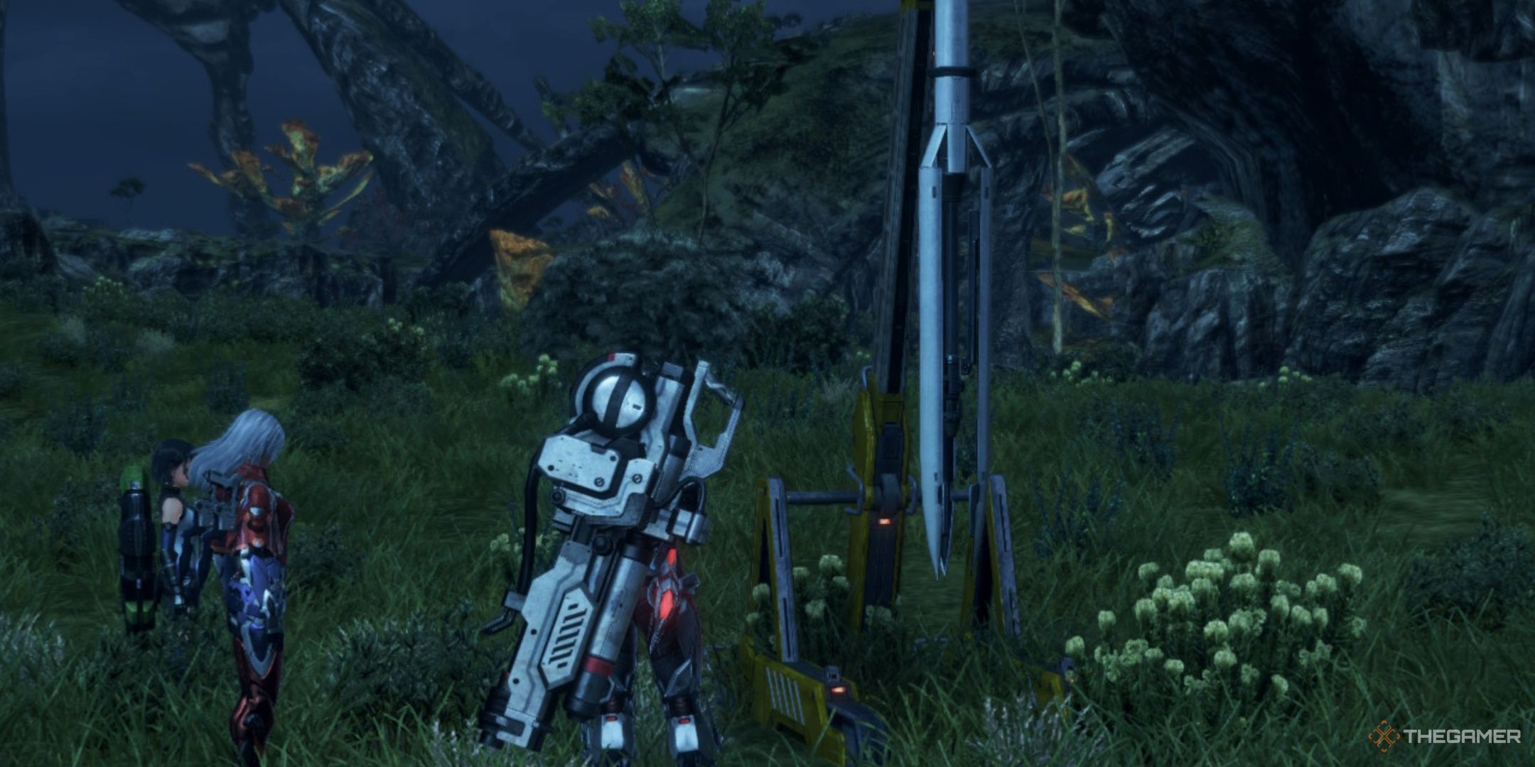 Lin, Elma, and the player standing beside a data probe being placed in xenoblade chronicles x definitive edition.