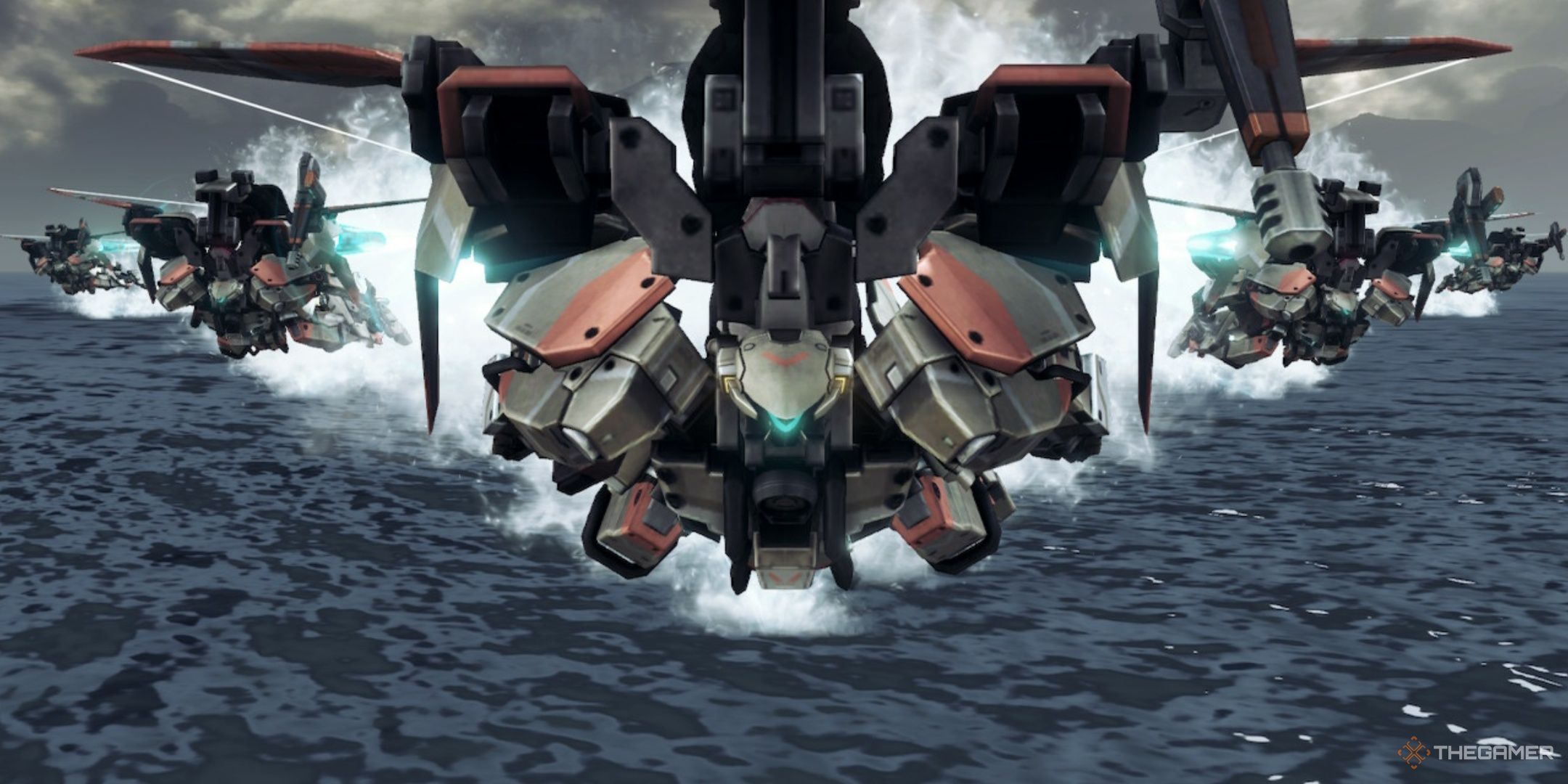 A group of skells flying across the water in xenoblade chronicles x definitive edition.
