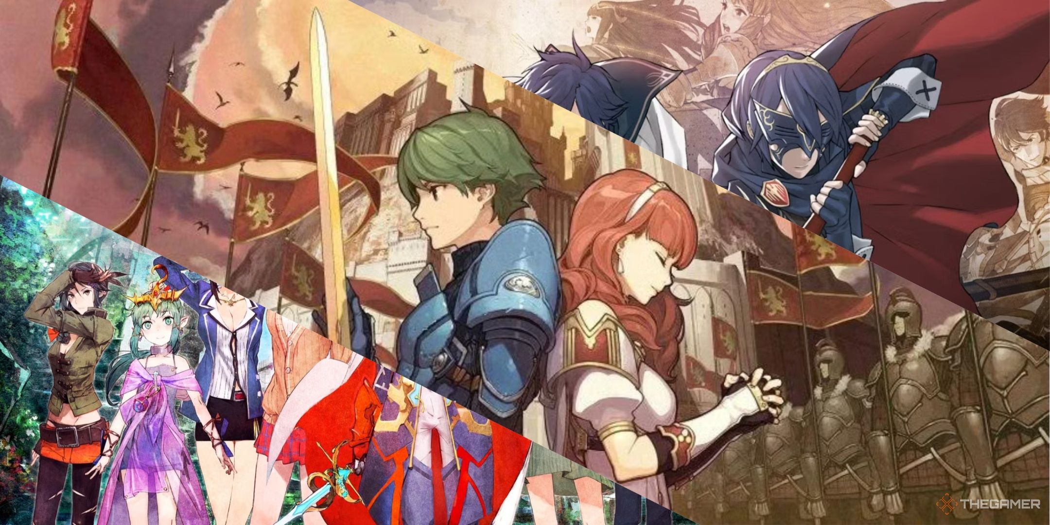 Characters from Tokyo Mirage Session, Alm and Celica from Fire Emblem Echoes, and Lucina wearing a mask in Fire Emblem Awakening, left to right