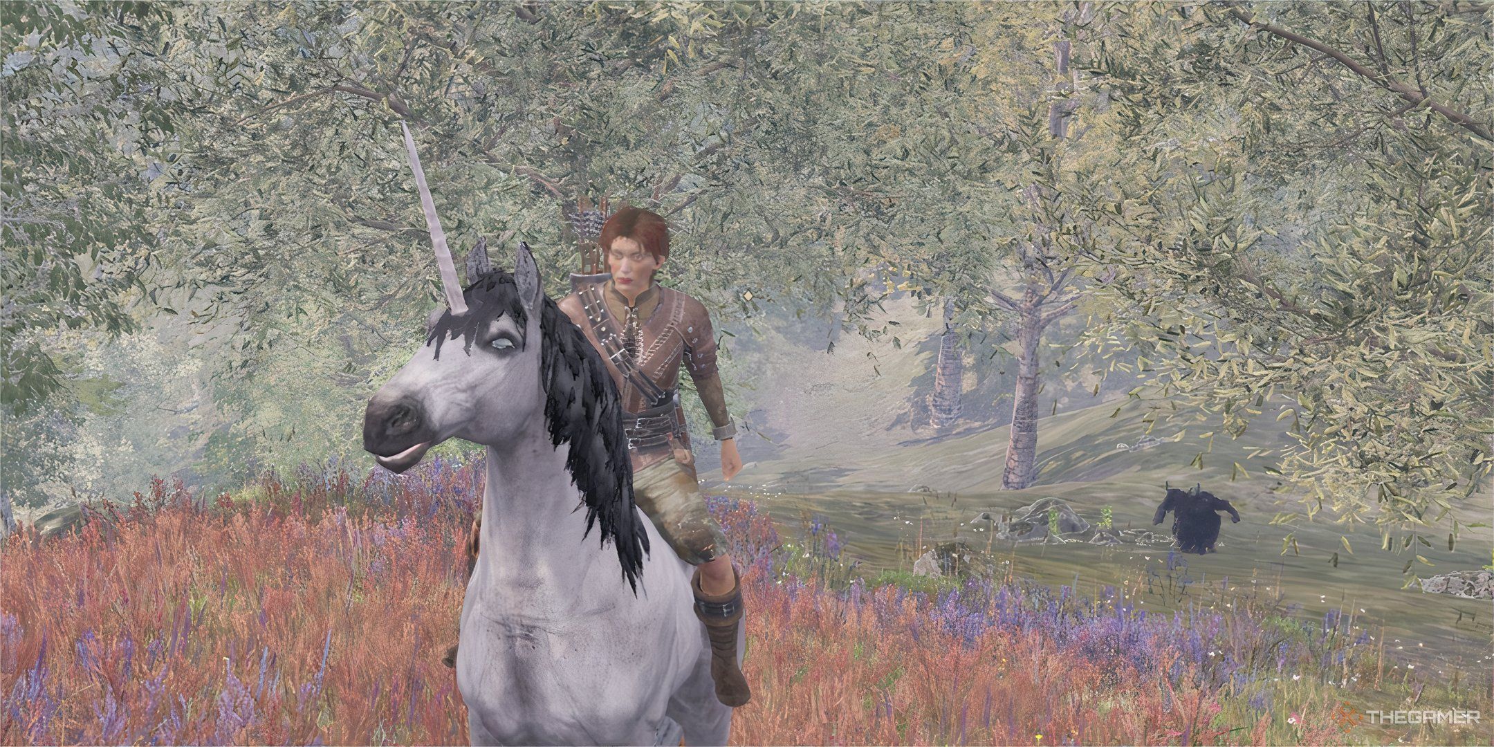 Player sits atop the unicorn in a patch of flowers as minotaurs charge in the forest background in Oblivion Remastered.