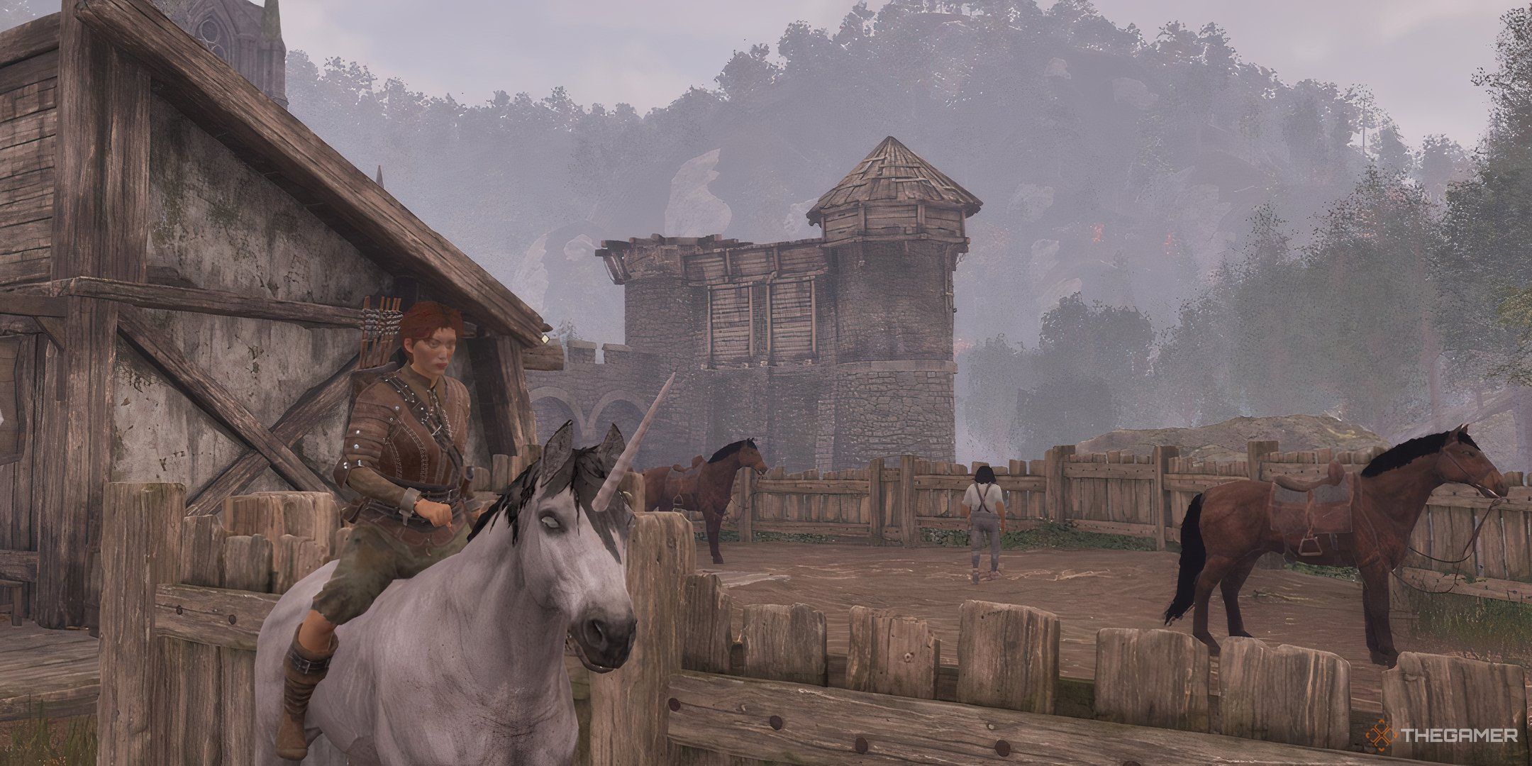 Player rides a unicorn outside the bay roan stable paddock full of horses in Oblivion Remastered.