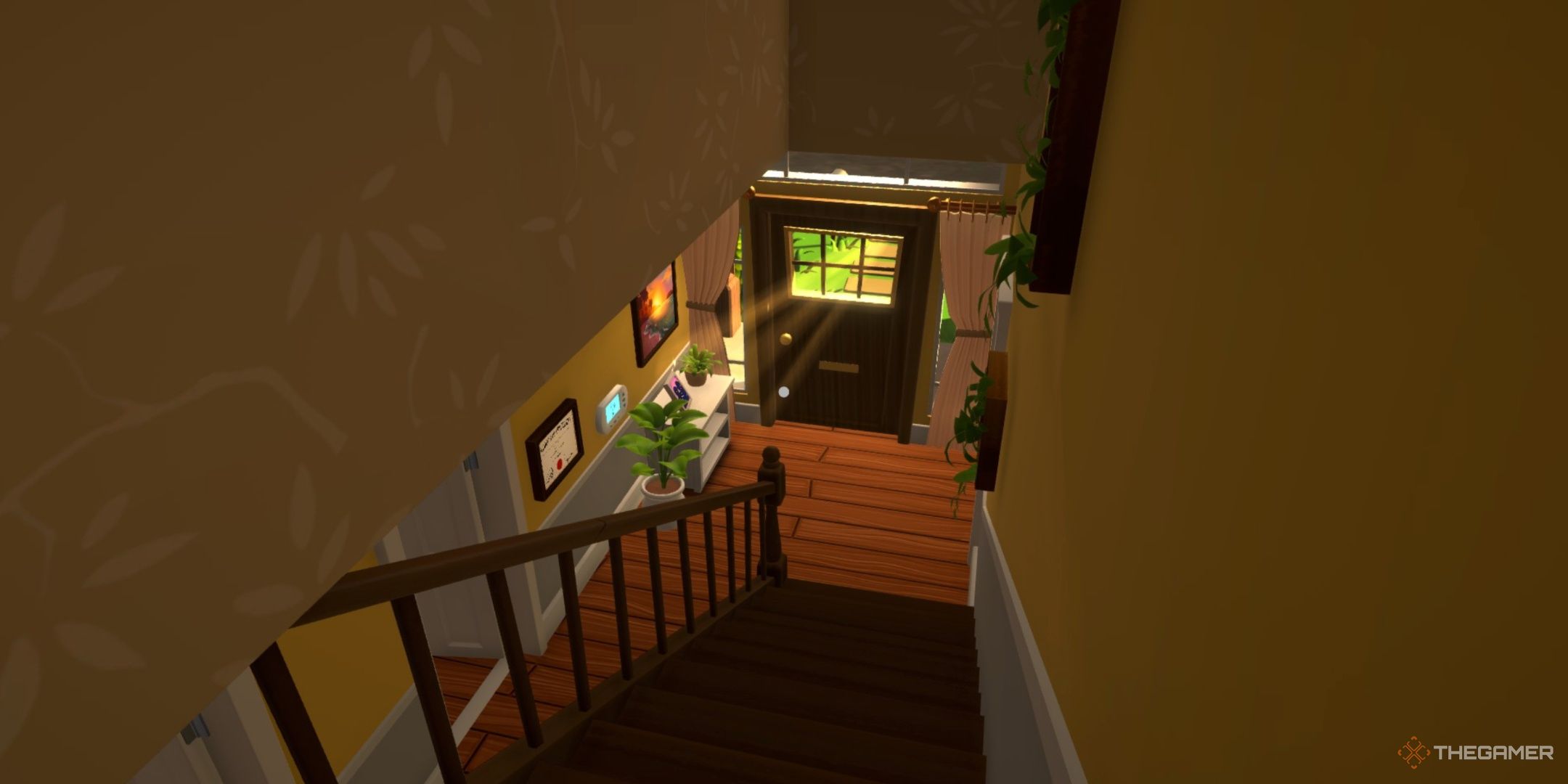 Walking down the stairs with plants in view in date everything.