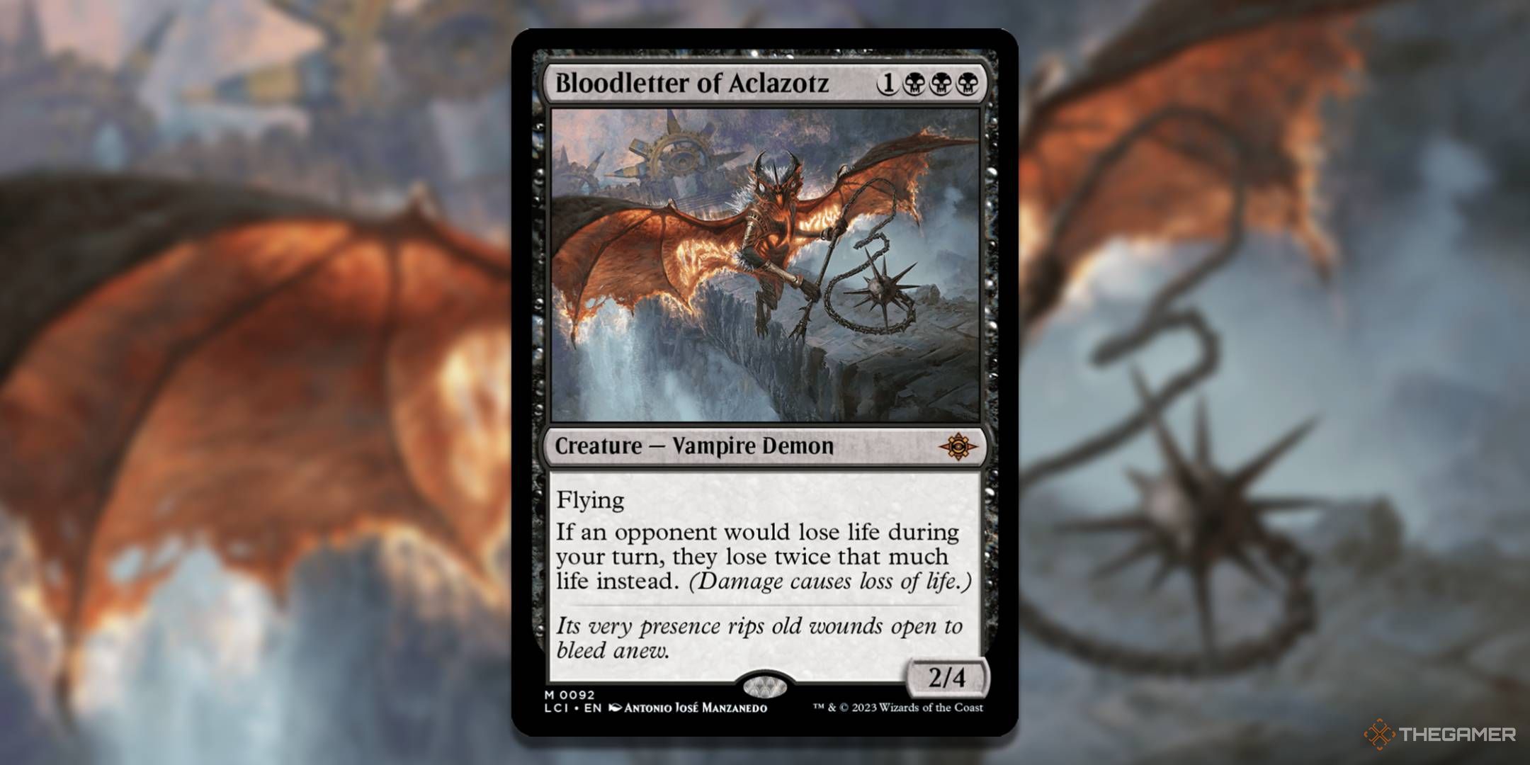 MTG Bloodletter of Aclazotz card with the art in the background.