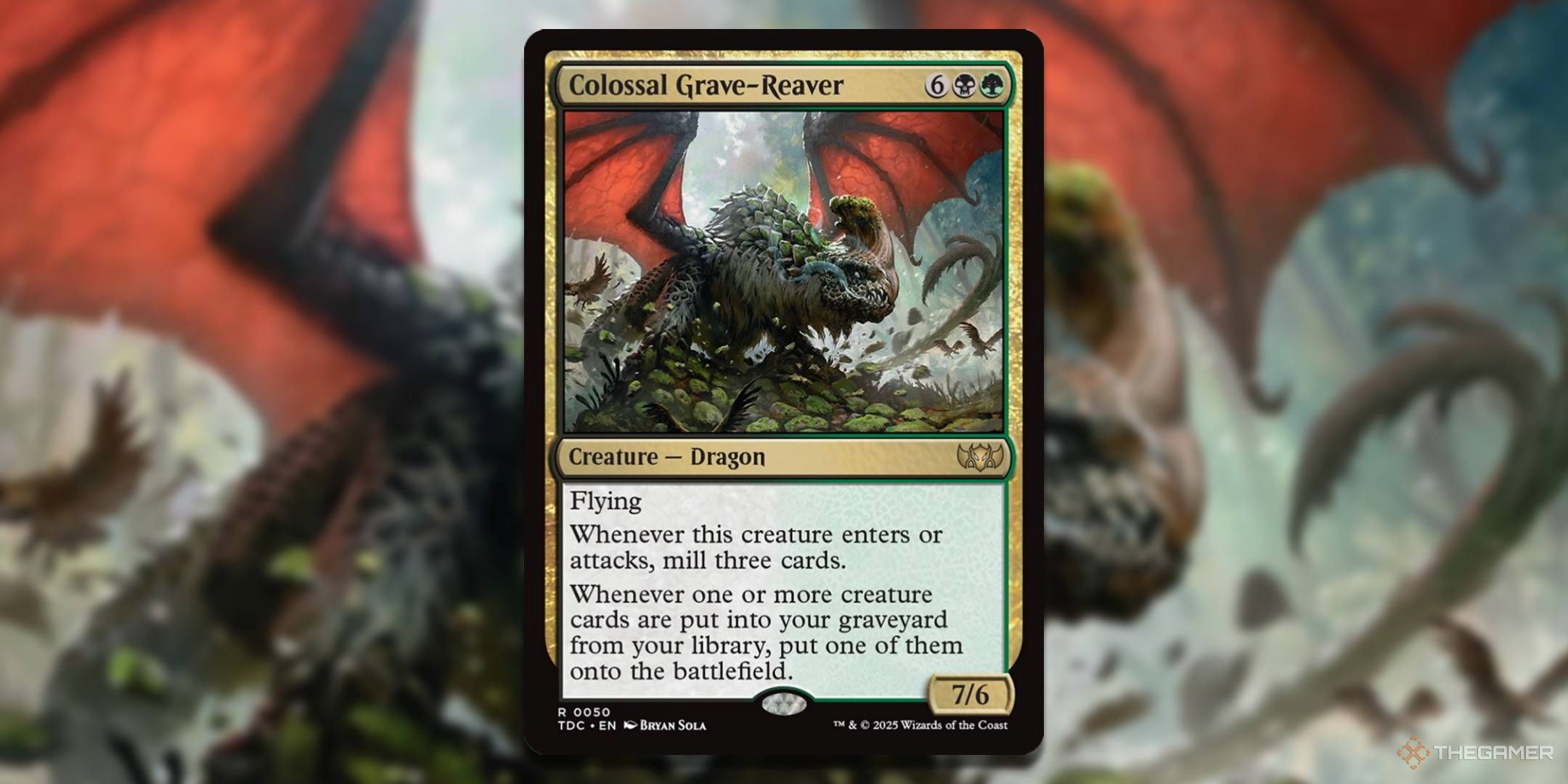 MTG Colossal Grave-Reaver card with the art in the background.