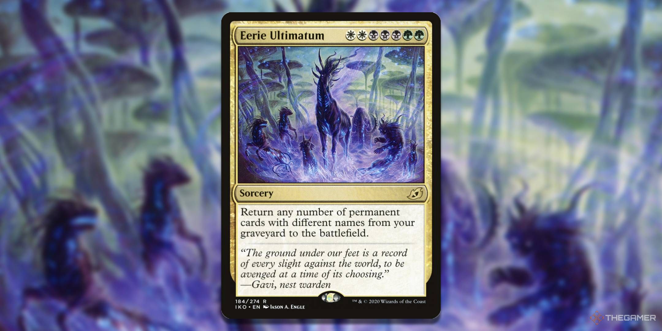 MTG Eerie Ultimatum card with the art in the background.