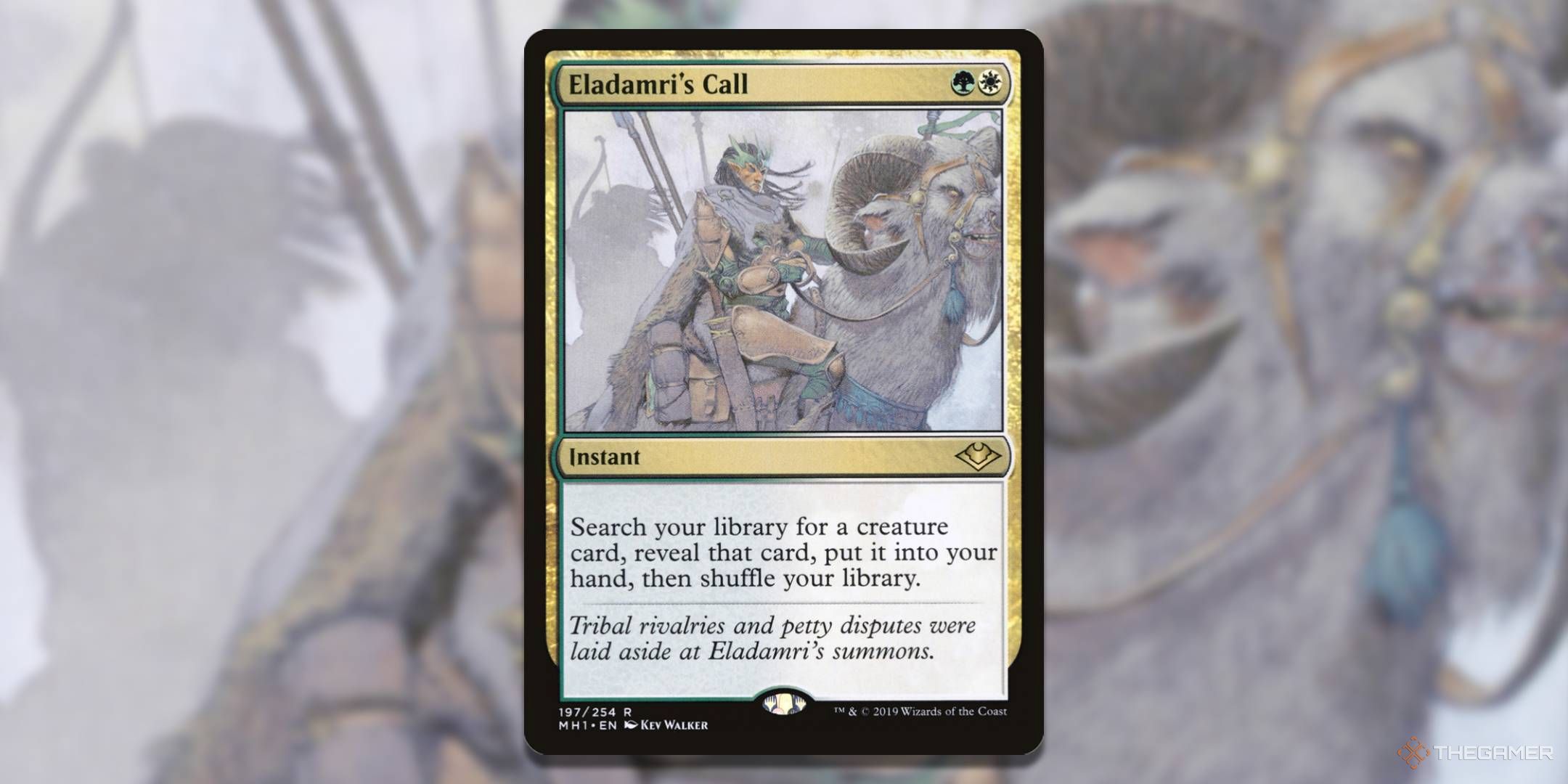 MTG Eladamri's Call card with the art in the background.