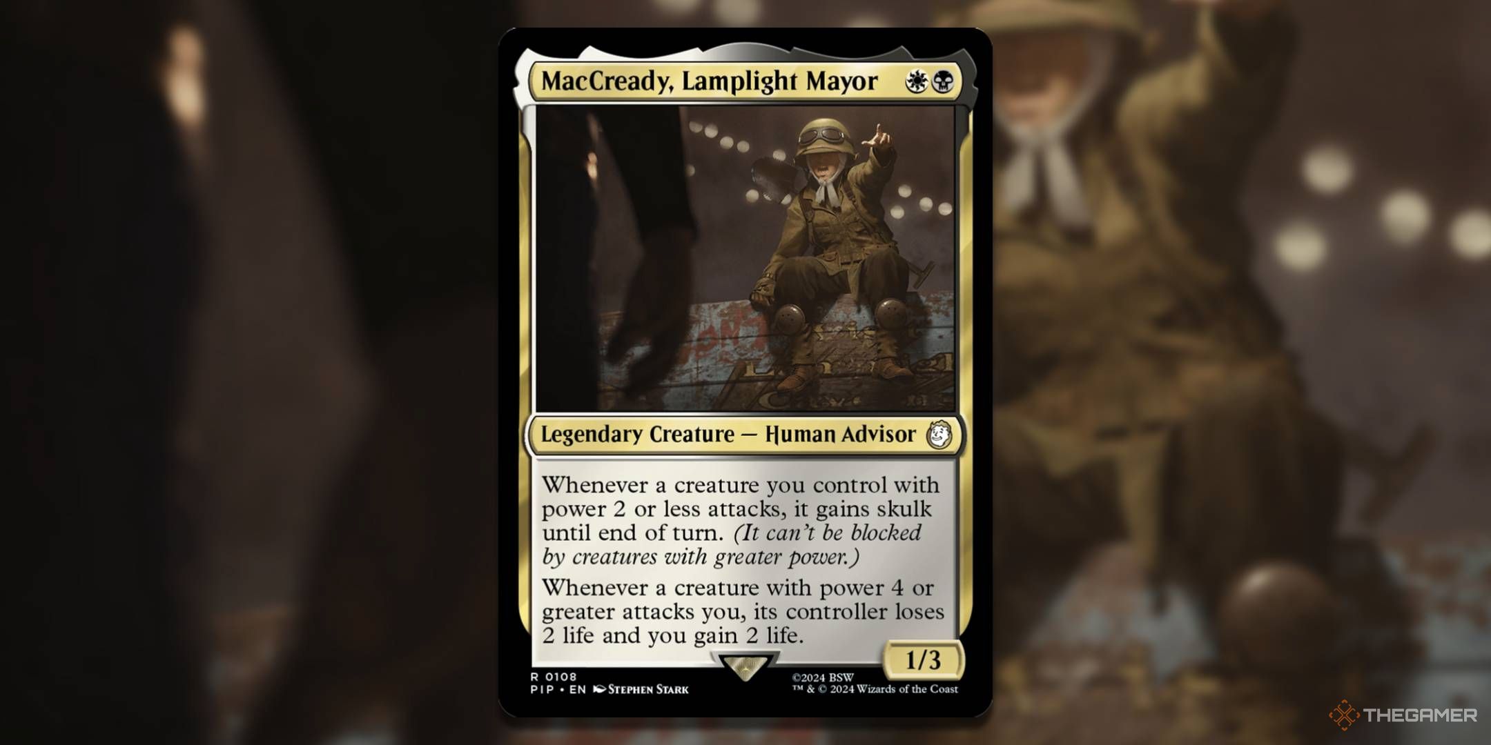 MTG macCready, Lamplight Mayor card with the art in the background.