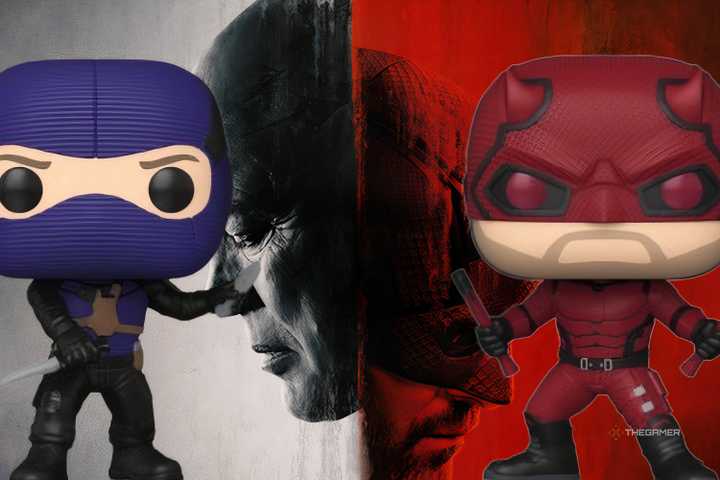 bullseye and daredevil funko pops on a daredevil born again background.
