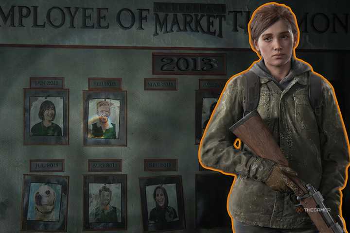 ellie from the last of us next to an in-game well of employees of the month.