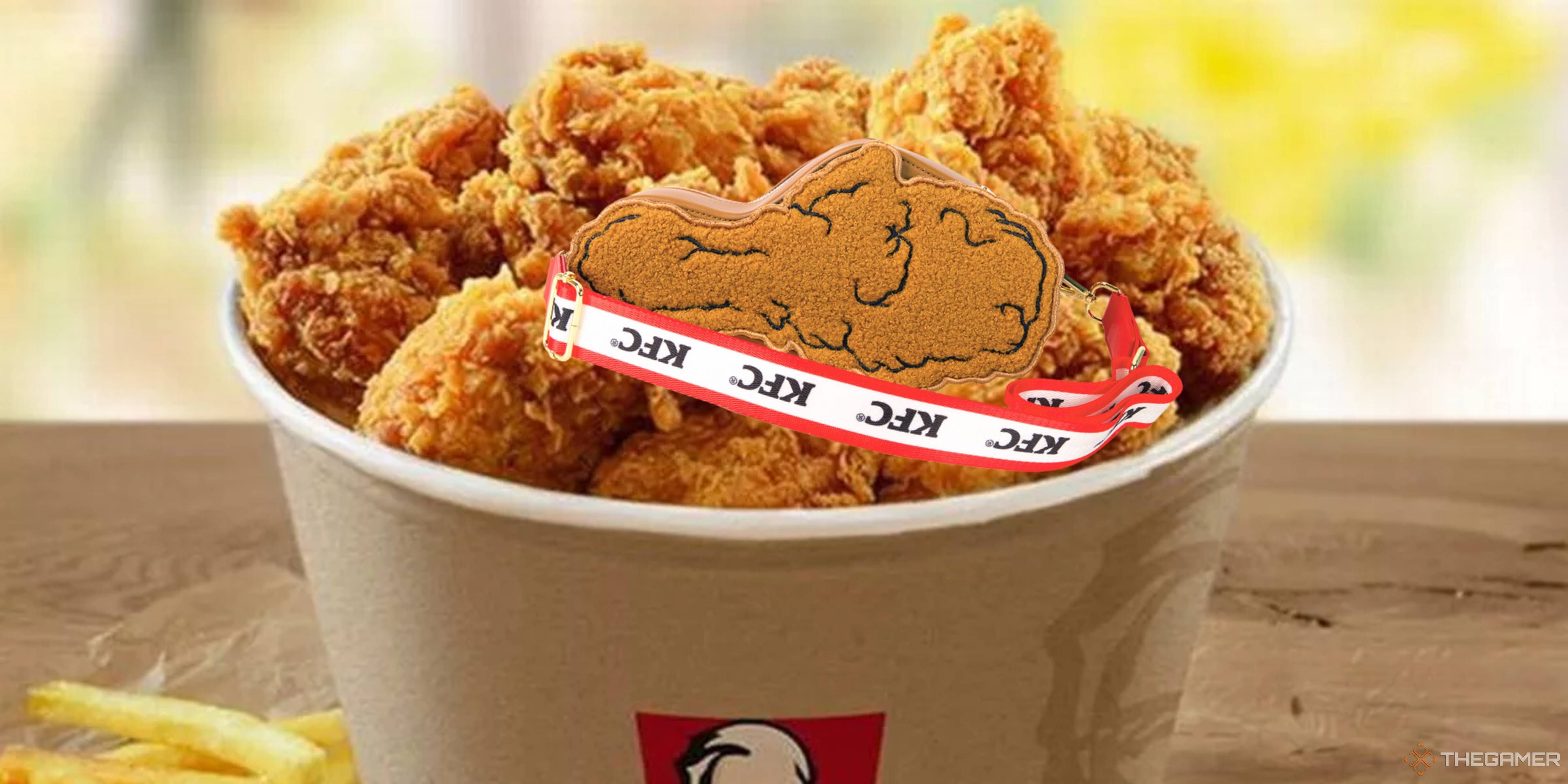 loungefly kfc drumstick crossbody bag in a bucket of fried chicken.