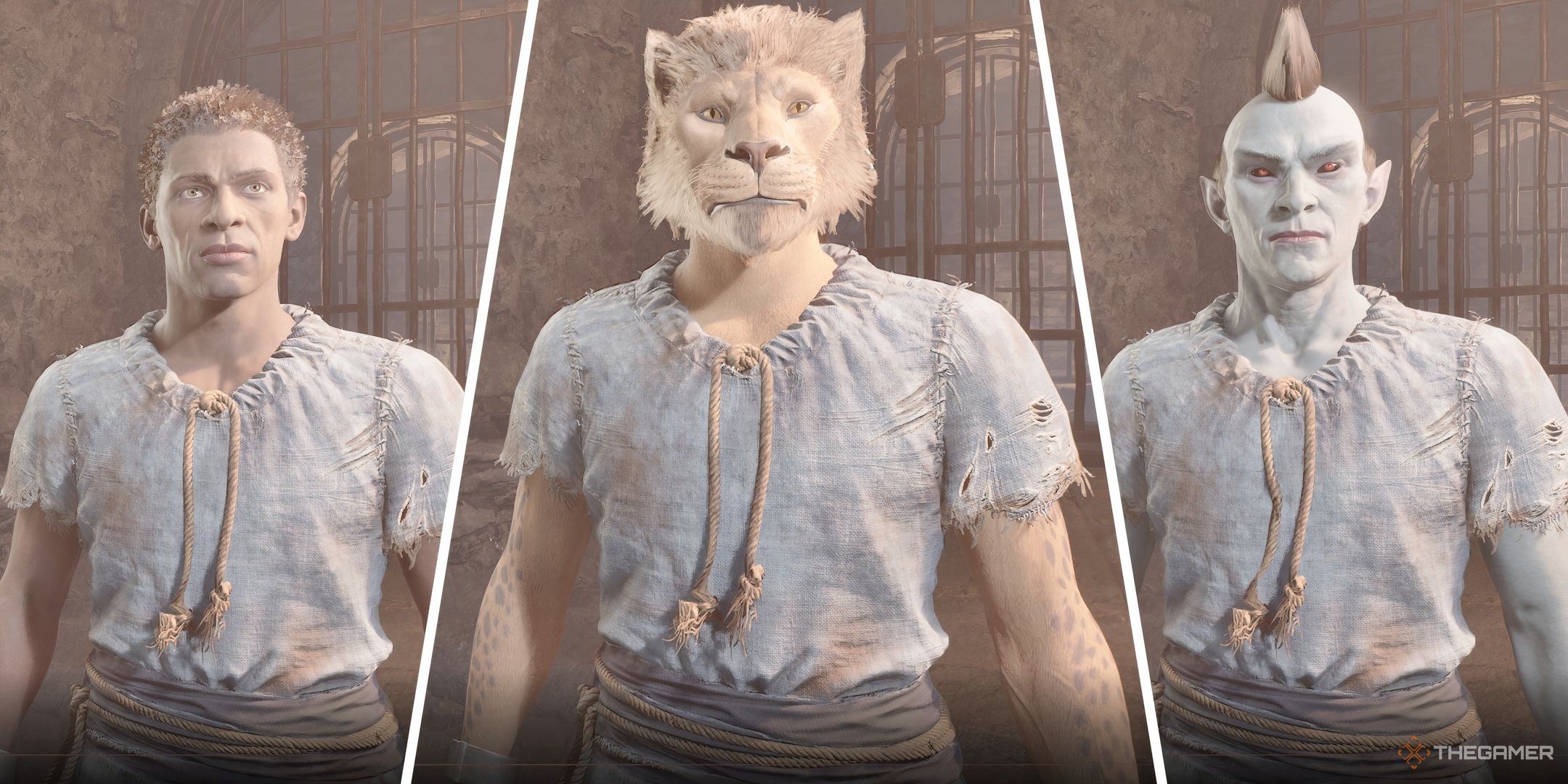 A split image of a Redguard, Khajiit, and Dark Elf in Oblivion Remastered.