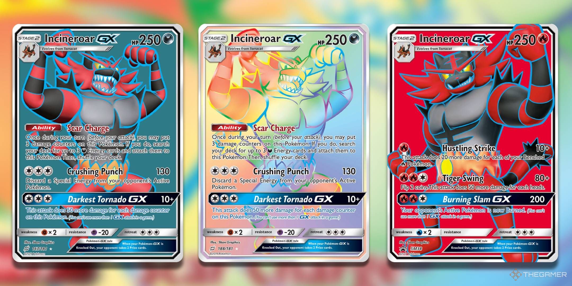 Pokemon TCG Incineroar 3 cards in a line.