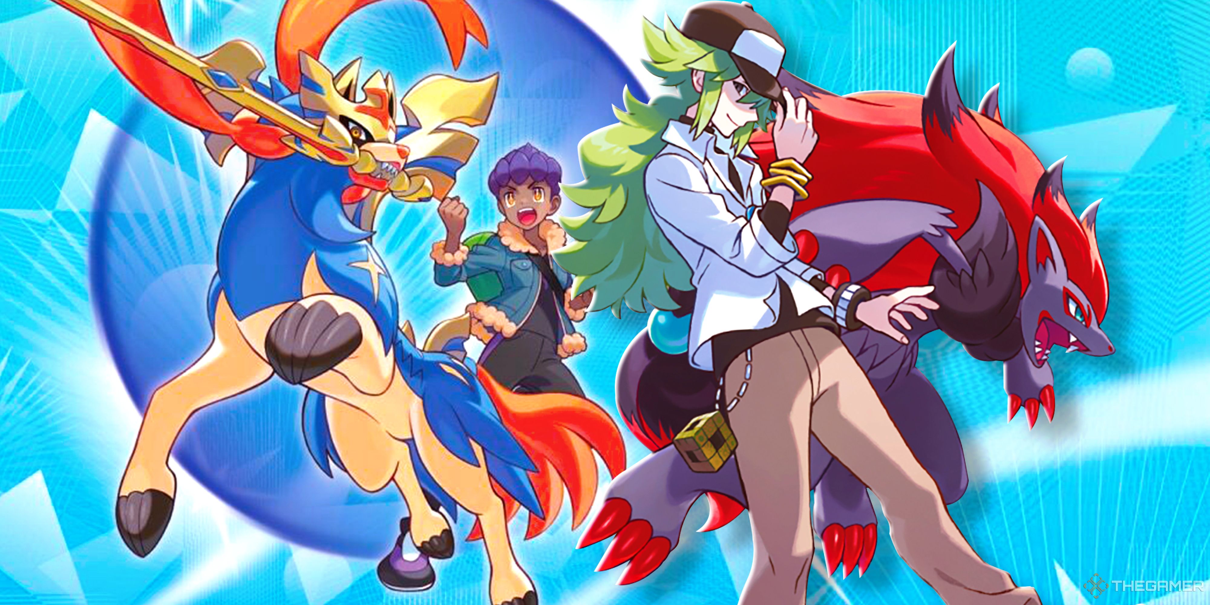 Hop, Zacian, N, and Zoroark pose together on a blue background for the Pokemon TCG's Journey Together.